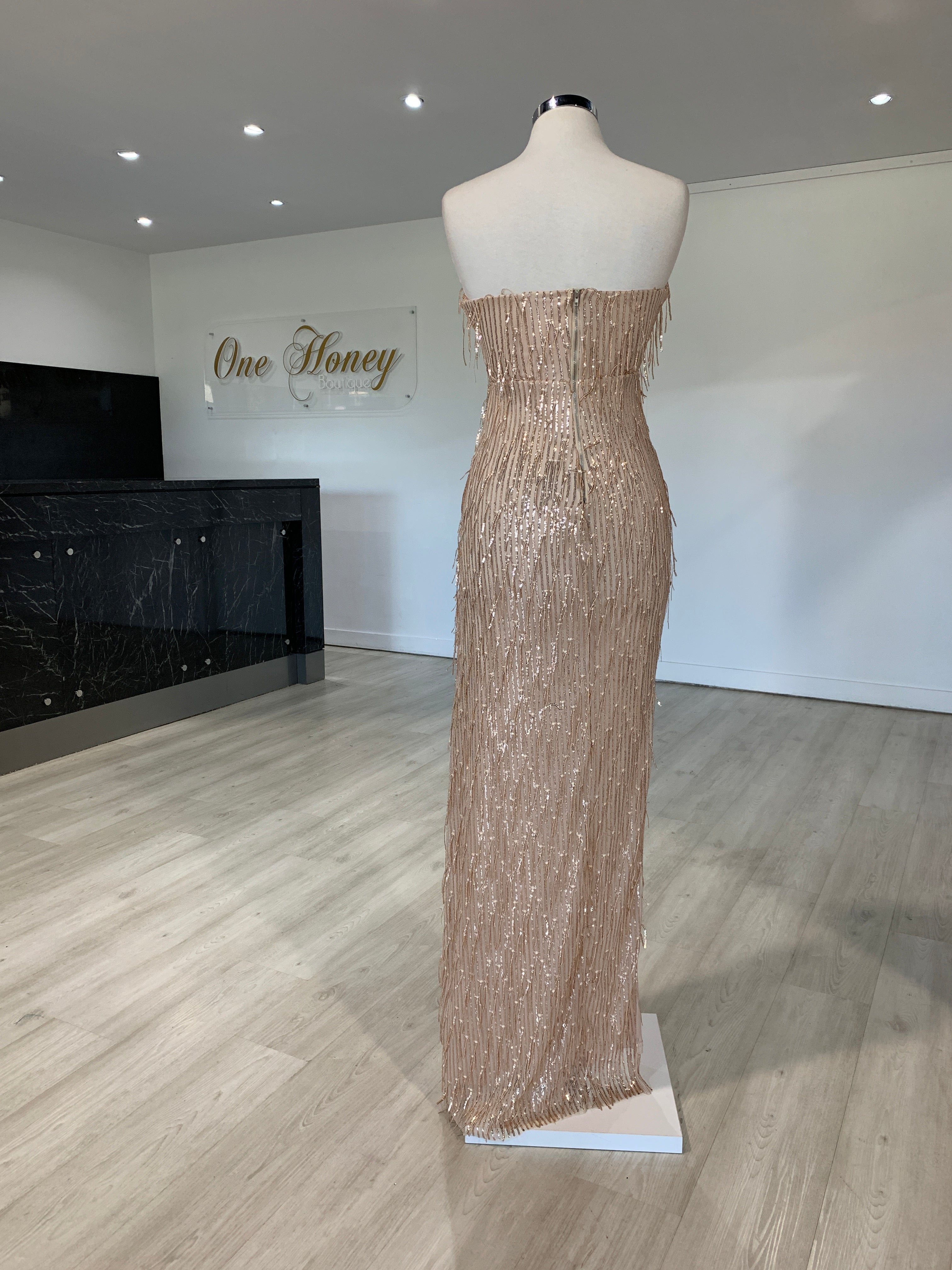 Honey Couture IRENE Gold Strapless Tassel Sequin Formal Dress {vendor} AfterPay Humm ZipPay LayBuy Sezzle