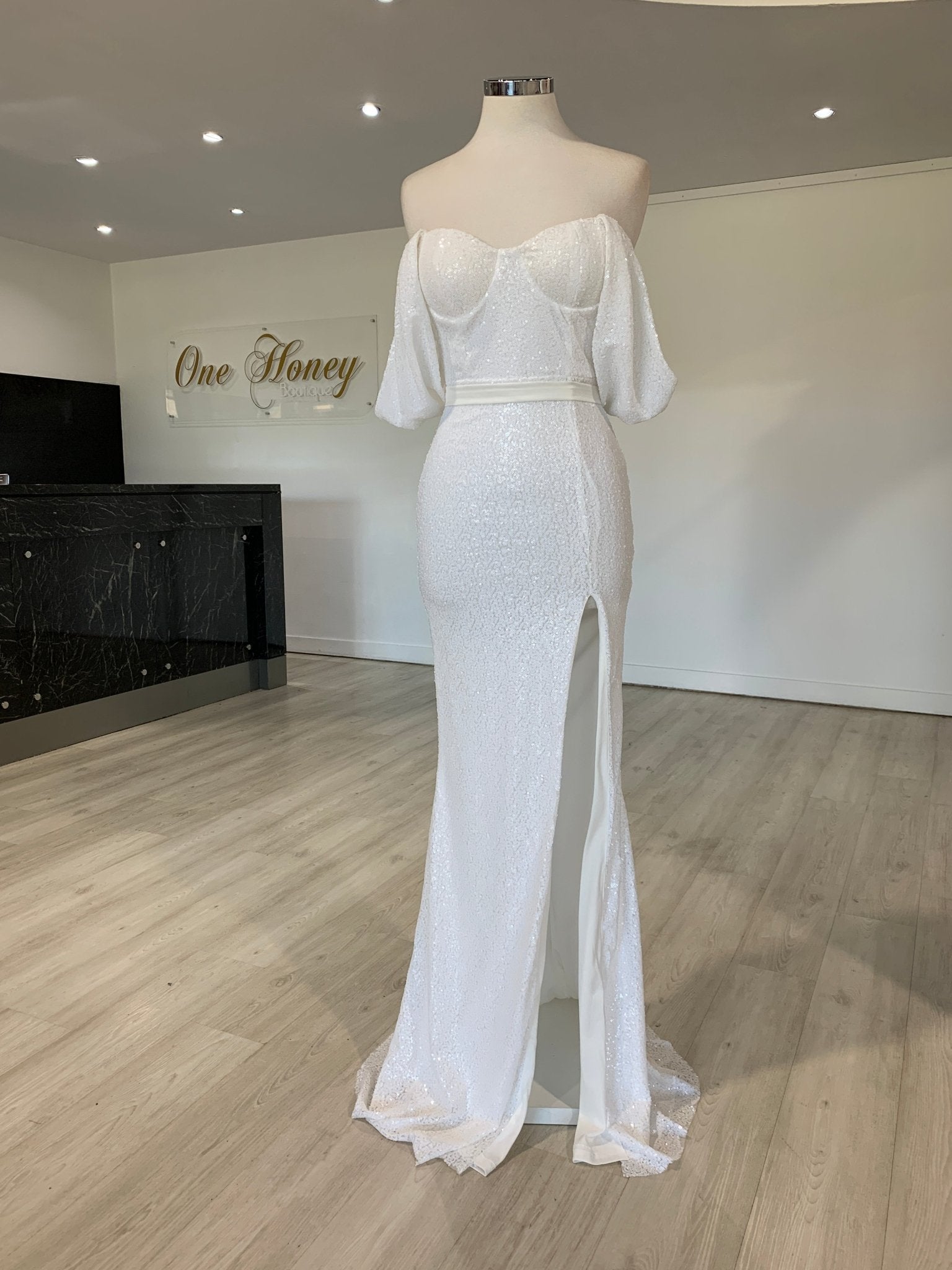 Honey Couture MIYA White Off Shoulder Bustier Sequin Evening Gown Dress in Australia | One Honey Boutique