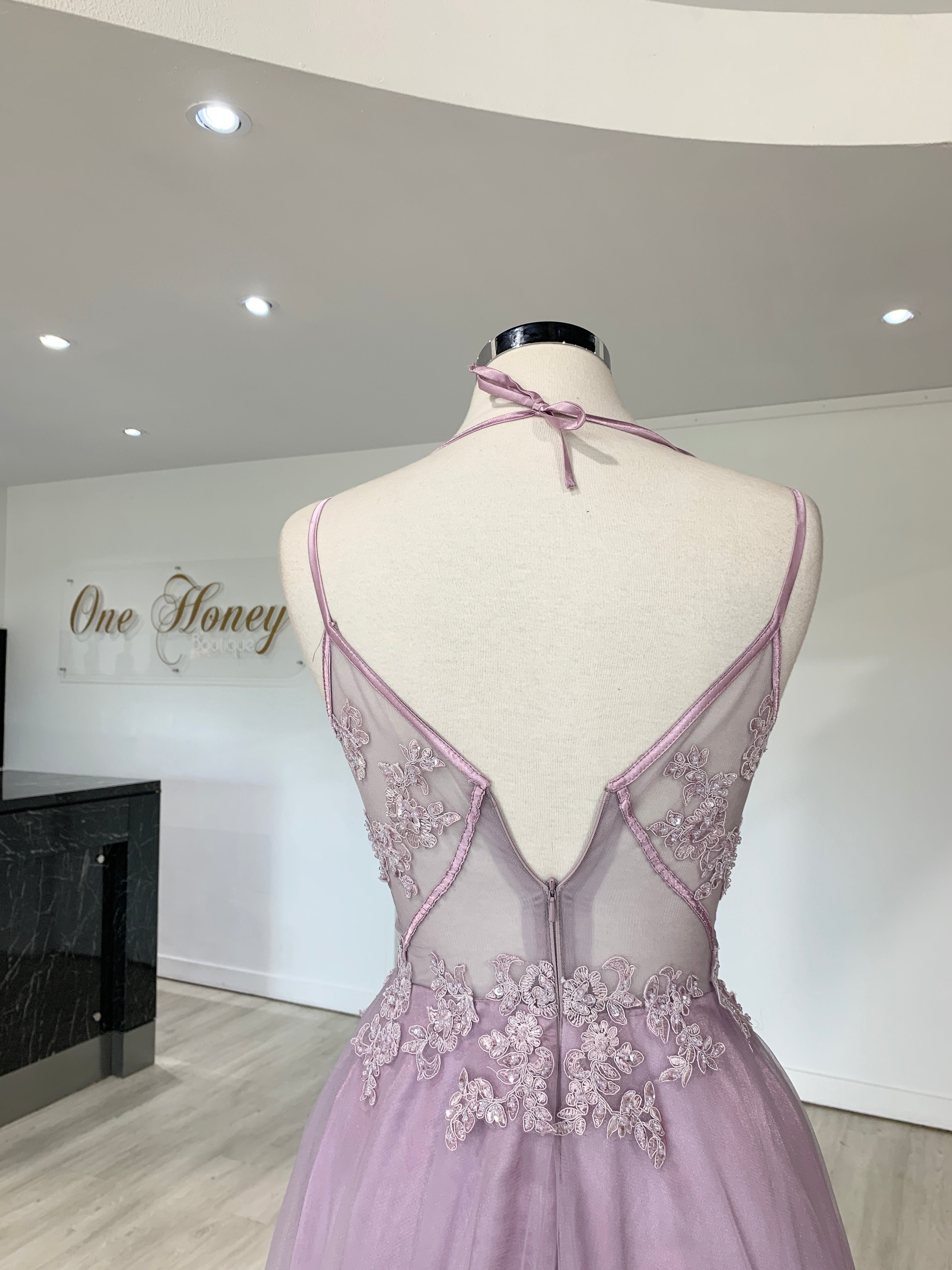 Back view of Honey Couture BESS beaded lace applique prom dress, featuring a lace bodice and tulle skirt by Australian designer.