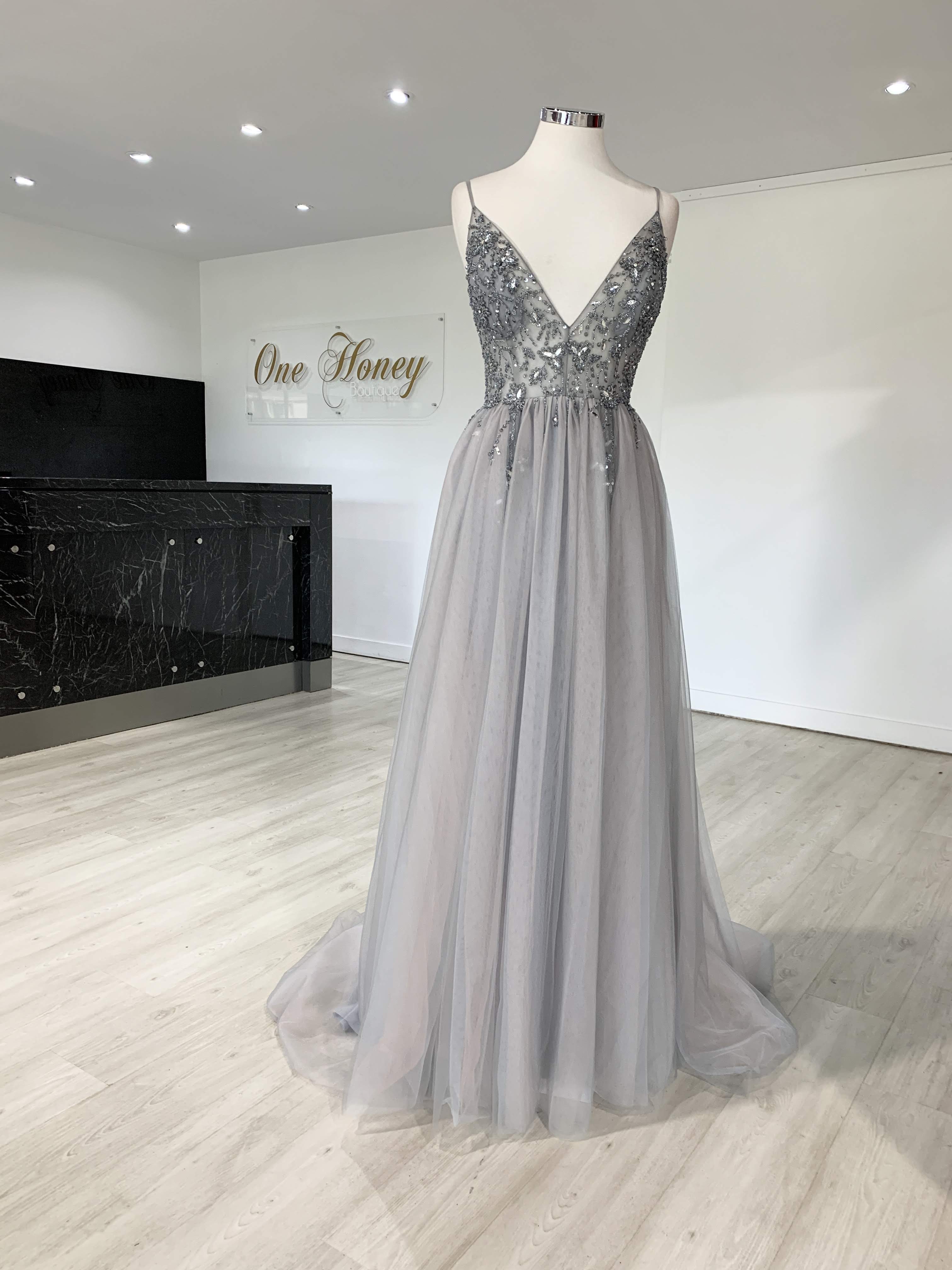 Honey Couture VIOLET Grey Tulle Crystal Beaded Ball Gown - Australian Designer Prom Dress, Affordable Evening Gown