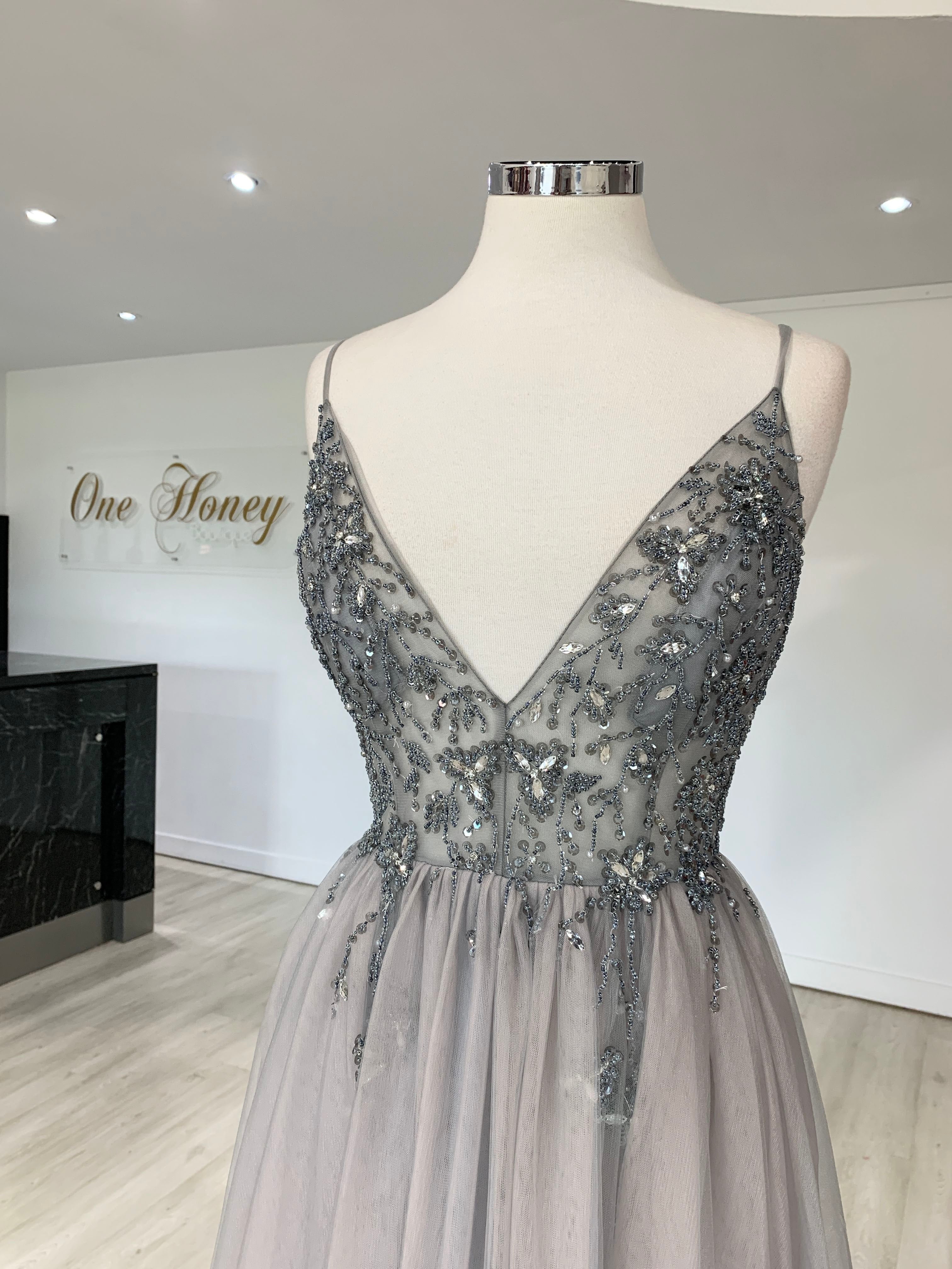 Honey Couture VIOLET Grey Tulle Crystal Beaded Formal Dress by Australian Designer, ideal for prom or evening, affordable elegance.