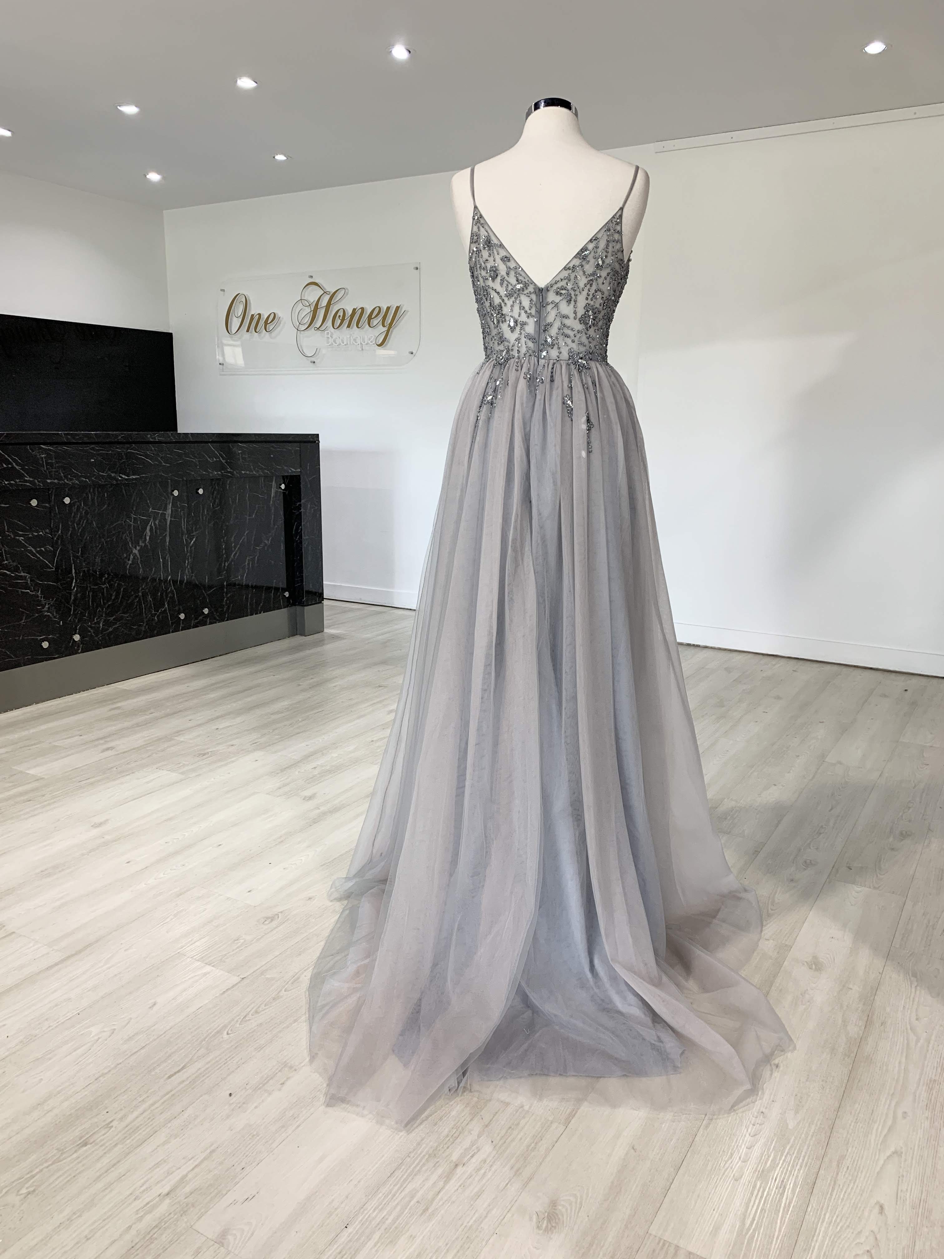 Honey Couture VIOLET Grey Tulle Crystal Beaded Formal Dress by Australian Designer, perfect prom or evening gown, elegant and affordable.
