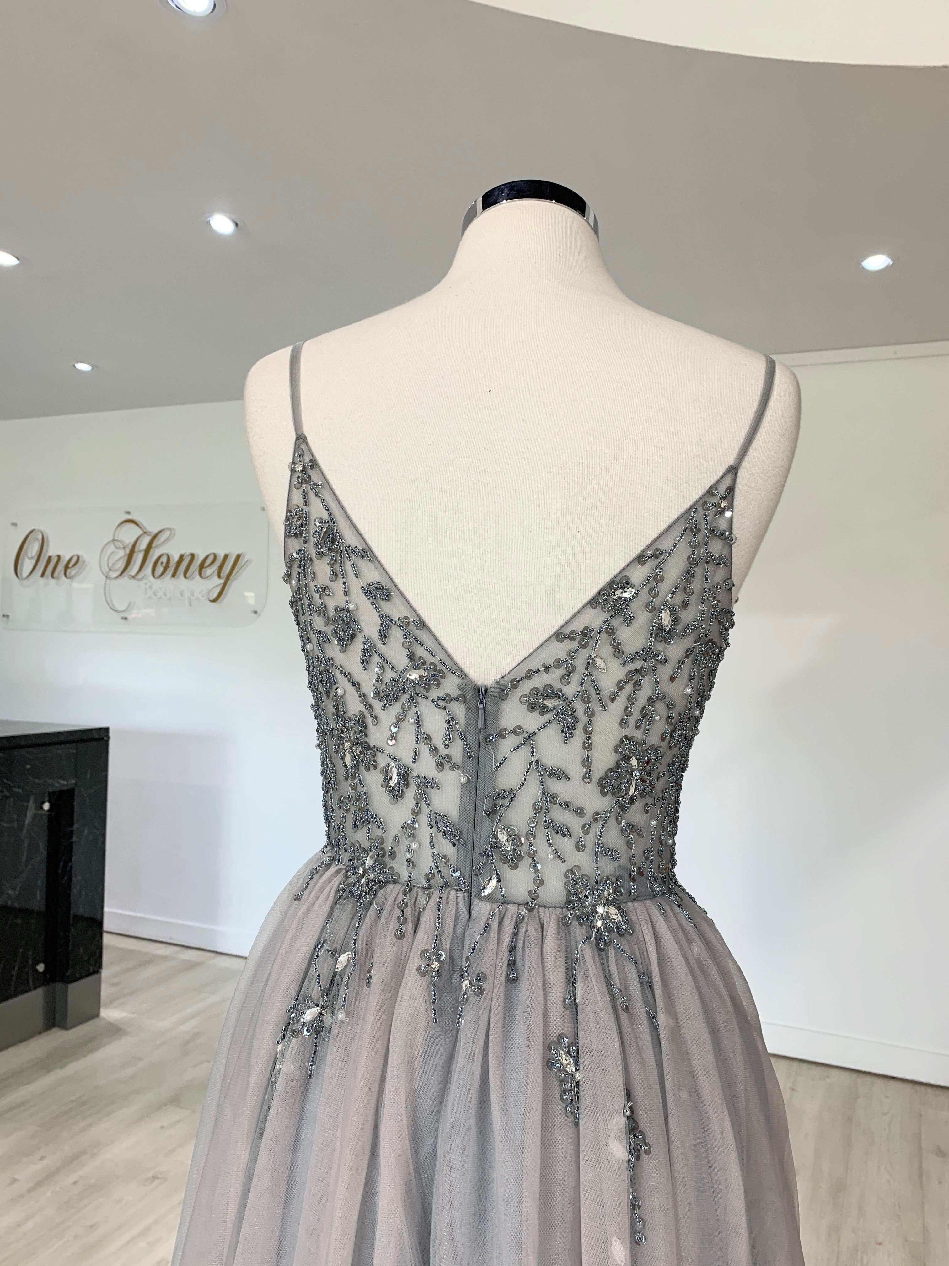 Back view of Honey Couture VIOLET Grey Tulle Crystal Beaded Formal Dress by Australian Designer, perfect for prom or evening events.