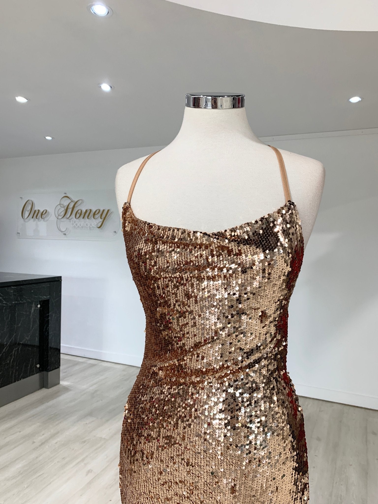 Honey Couture LIBERTY Gold Sequin Lace Up Formal Dress in Australia | One Honey Boutique