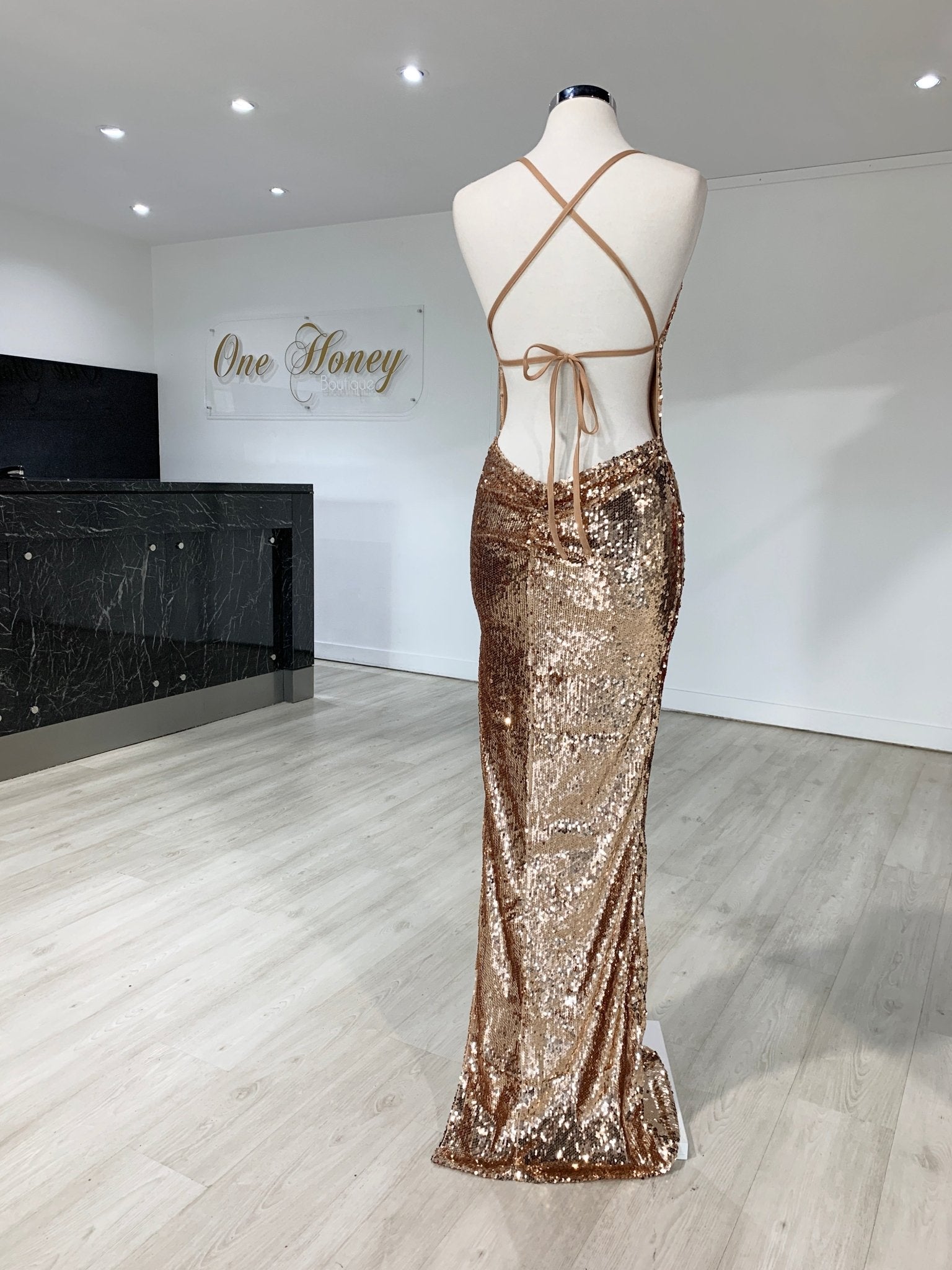 Honey Couture LIBERTY Gold Sequin Lace Up Formal Dress in Australia | One Honey Boutique