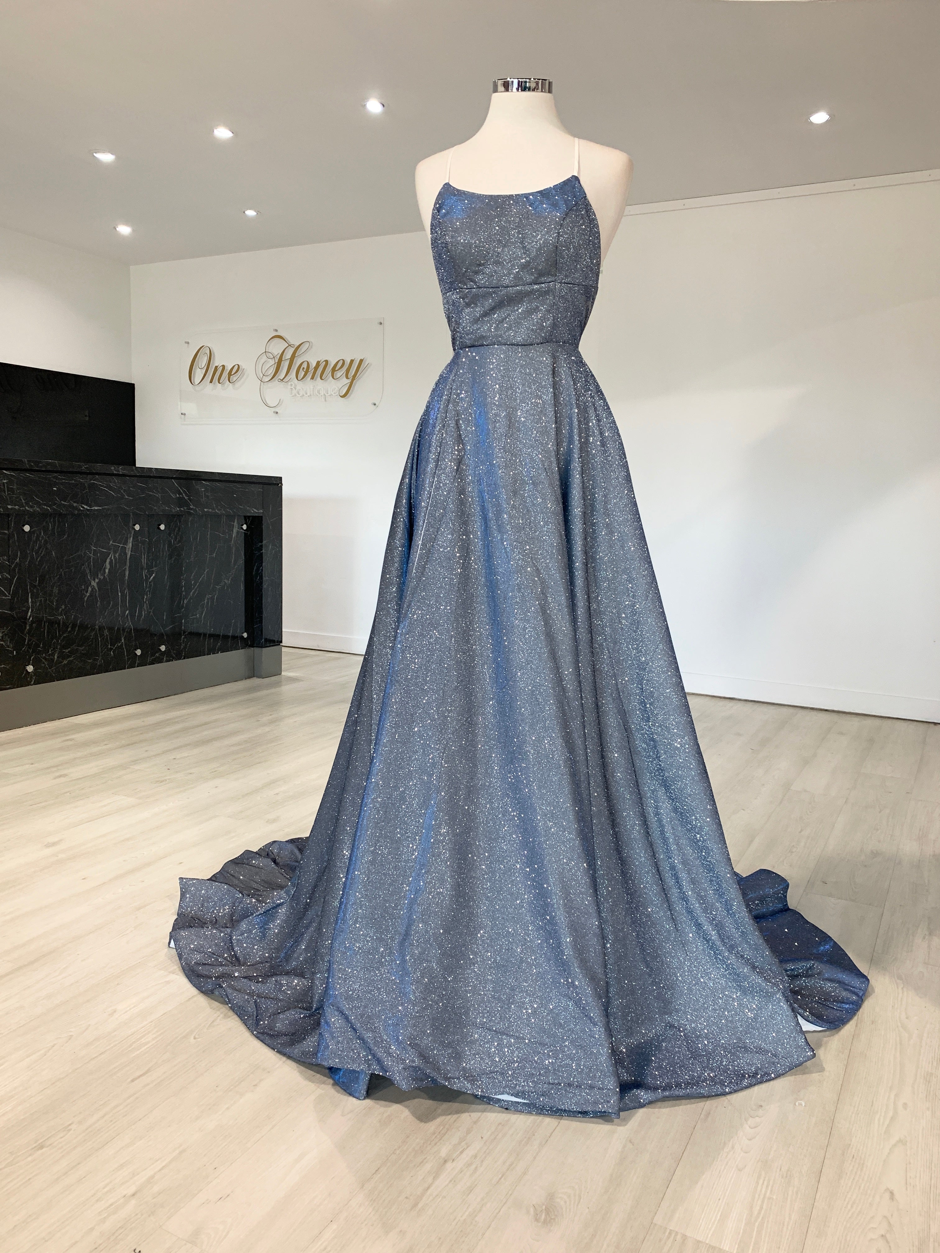 Honey Couture HARRIETT Glitter Fabric Lace Up Back Formal Dress in blue, perfect for prom and formal events, by Australian Designer.