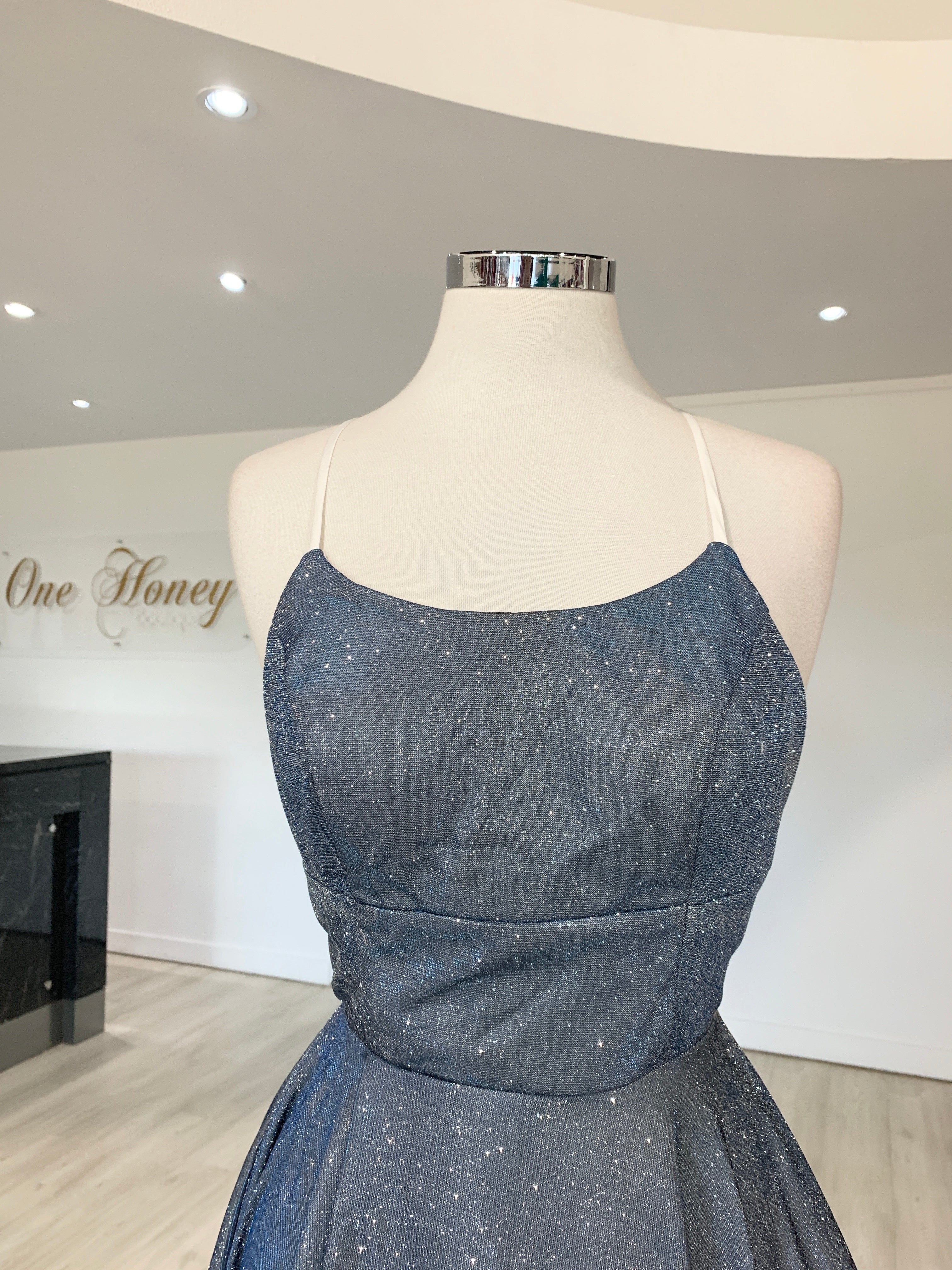 Honey Couture HARRIETT Glitter Fabric Evening Gown in Blue, Australian Designer Prom Dress with Lace Up Back and Full Train