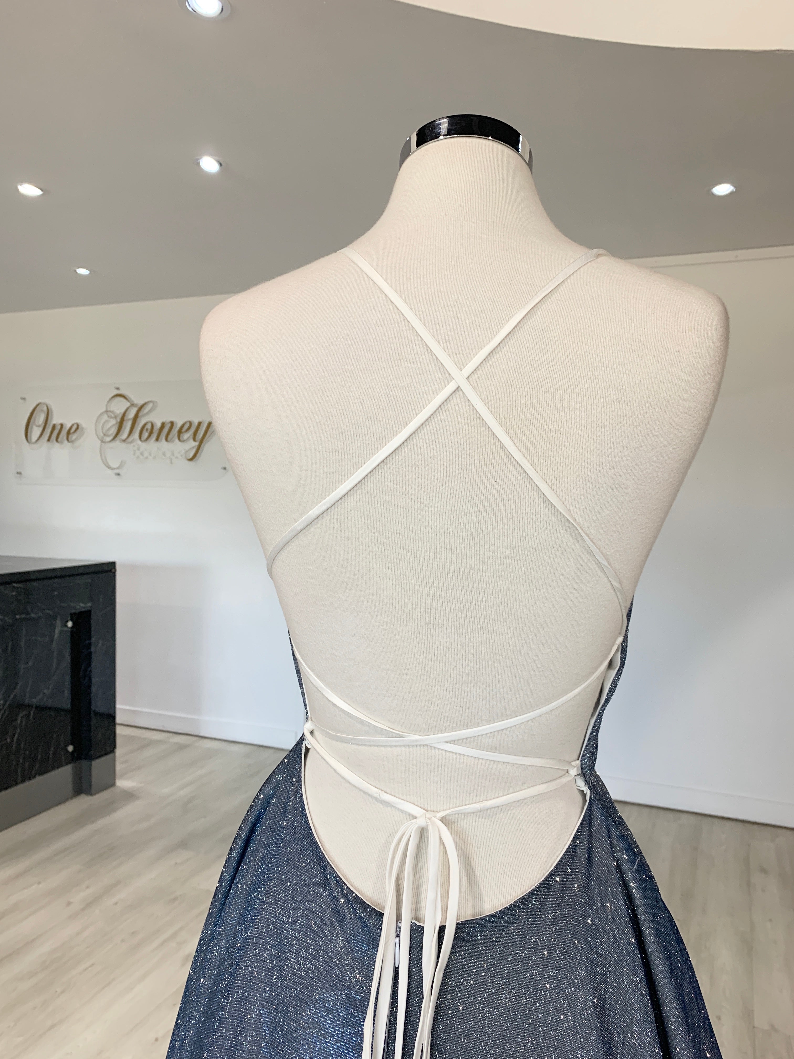 Back view of Honey Couture HARRIETT Glitter Fabric Lace Up Back Formal Dress, an elegant Australian designer gown for prom or evening events.