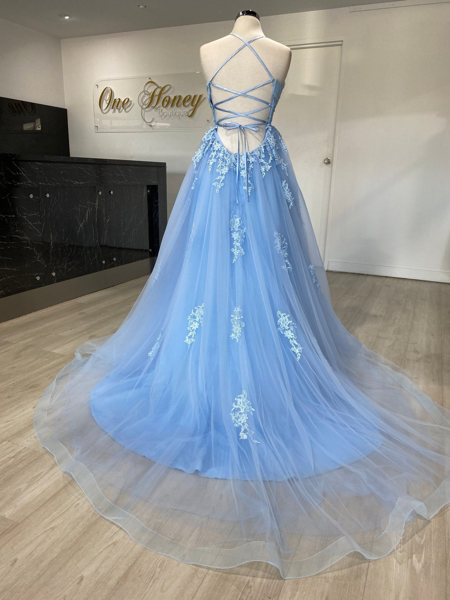 Honey Couture FREYA Beaded Applique Corset Lace Up Back Tulle Skirt Formal Dress in Australia | One Honey Boutique