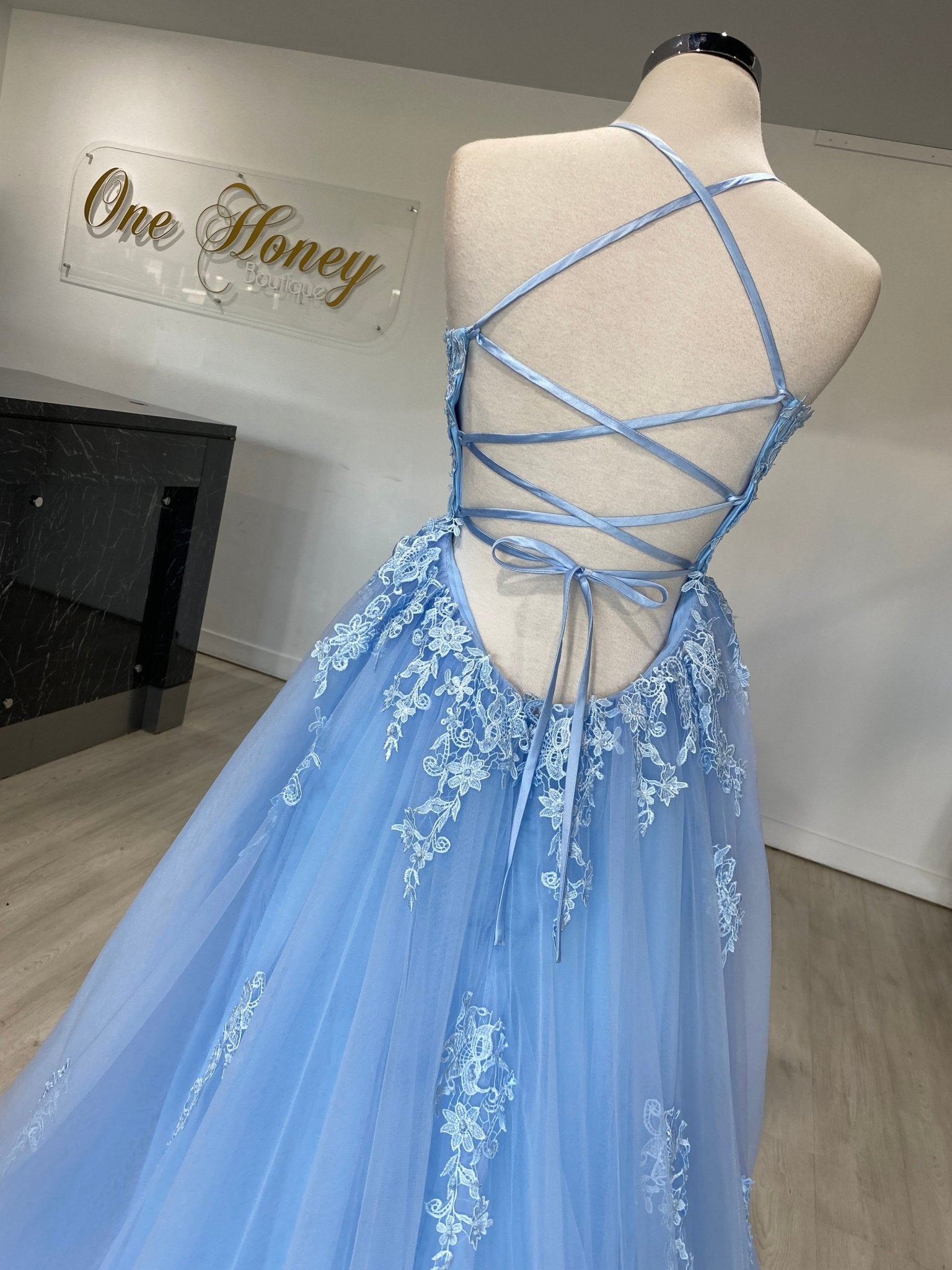 Honey Couture FREYA Beaded Applique Corset Lace Up Back Tulle Skirt Formal Dress in Australia | One Honey Boutique