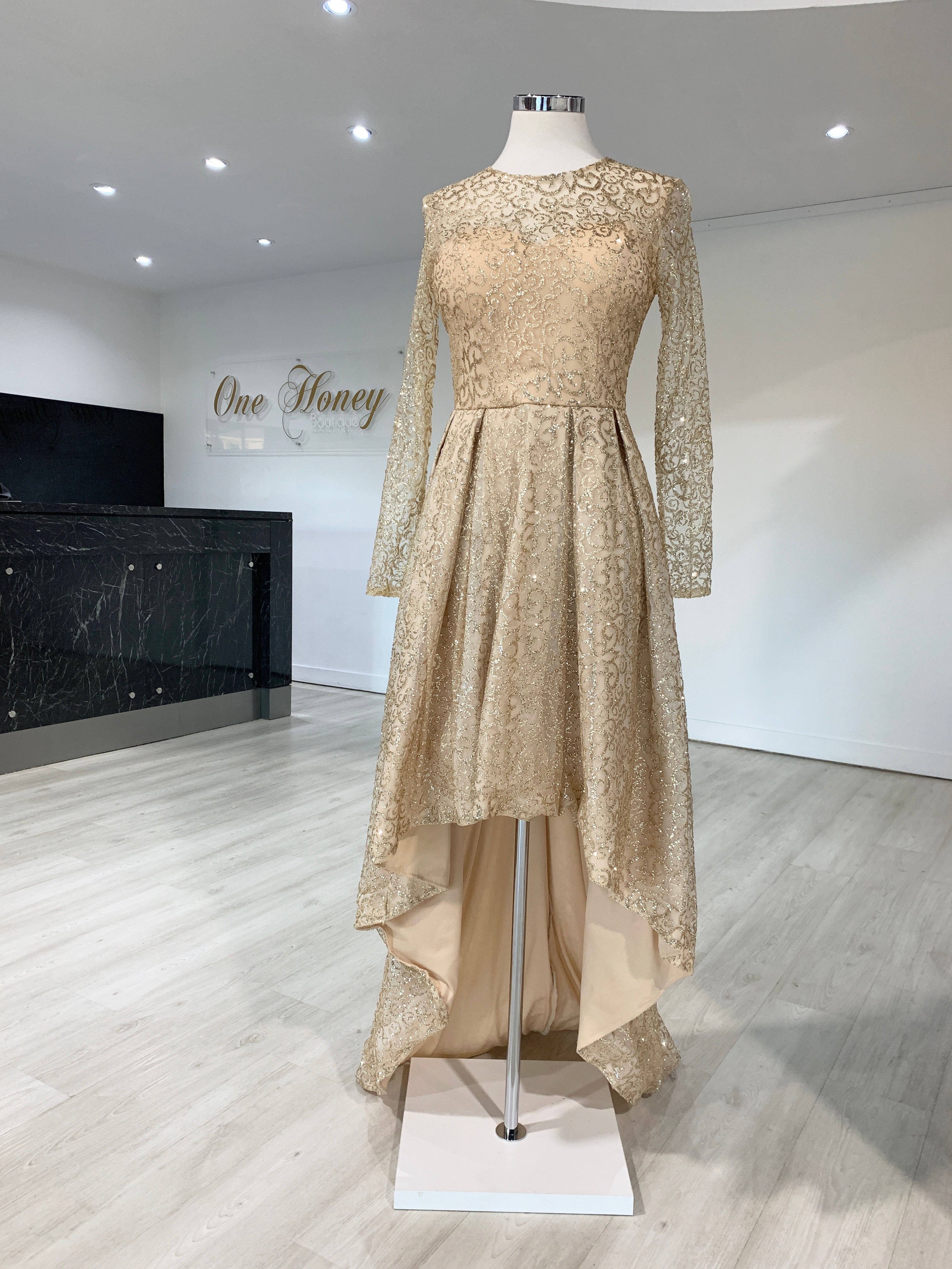 Honey Couture SOPHIA Gold Long Sleeve High Low Formal Dress {vendor} AfterPay Humm ZipPay LayBuy Sezzle