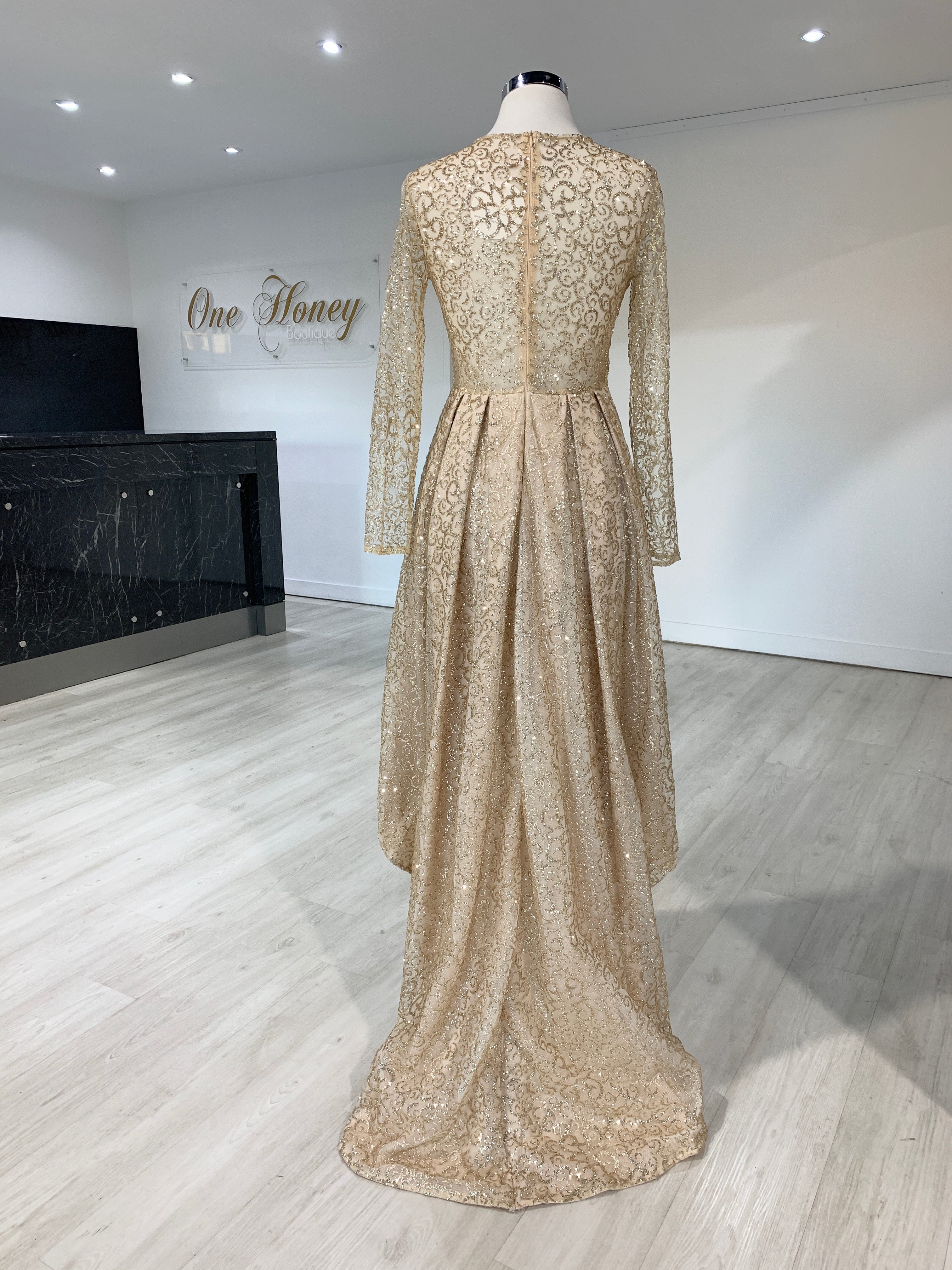 Honey Couture SOPHIA Gold Long Sleeve High Low Formal Dress {vendor} AfterPay Humm ZipPay LayBuy Sezzle