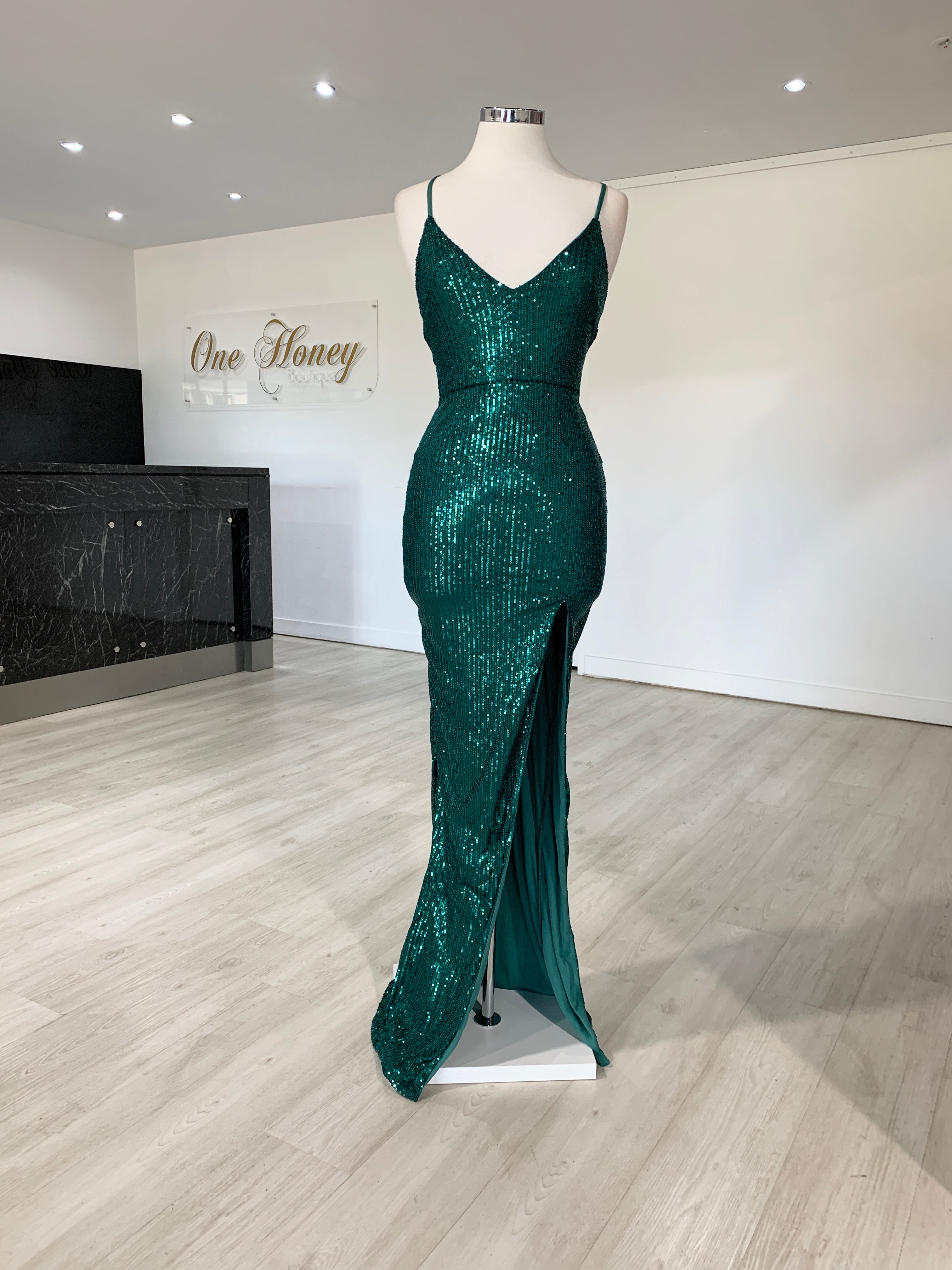 Honey Couture LUZ Emerald Green Lace Up Sequin Formal Gown Dress {vendor} AfterPay Humm ZipPay LayBuy Sezzle
