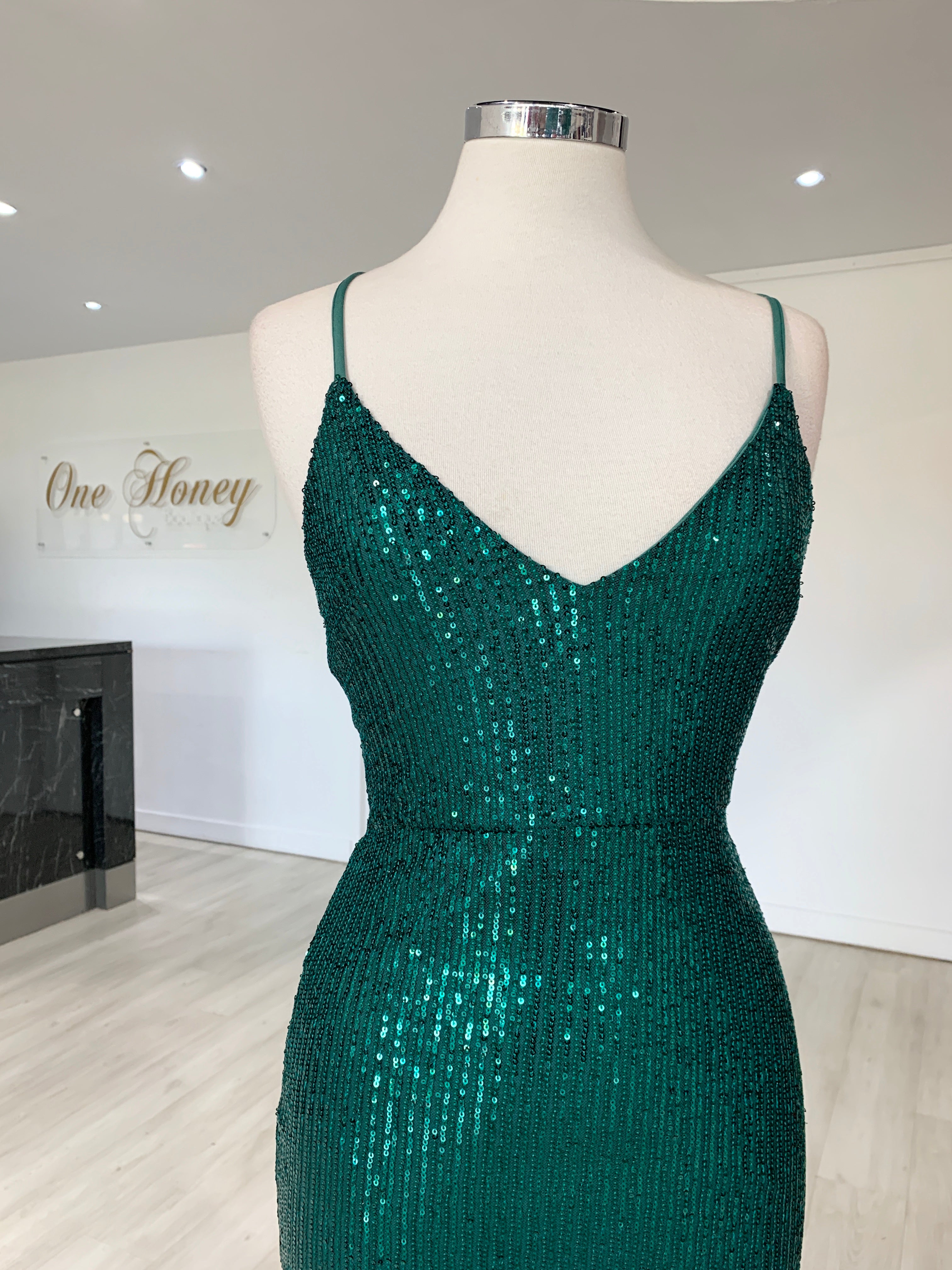 Honey Couture LUZ Emerald Green Lace Up Sequin Formal Gown Dress {vendor} AfterPay Humm ZipPay LayBuy Sezzle