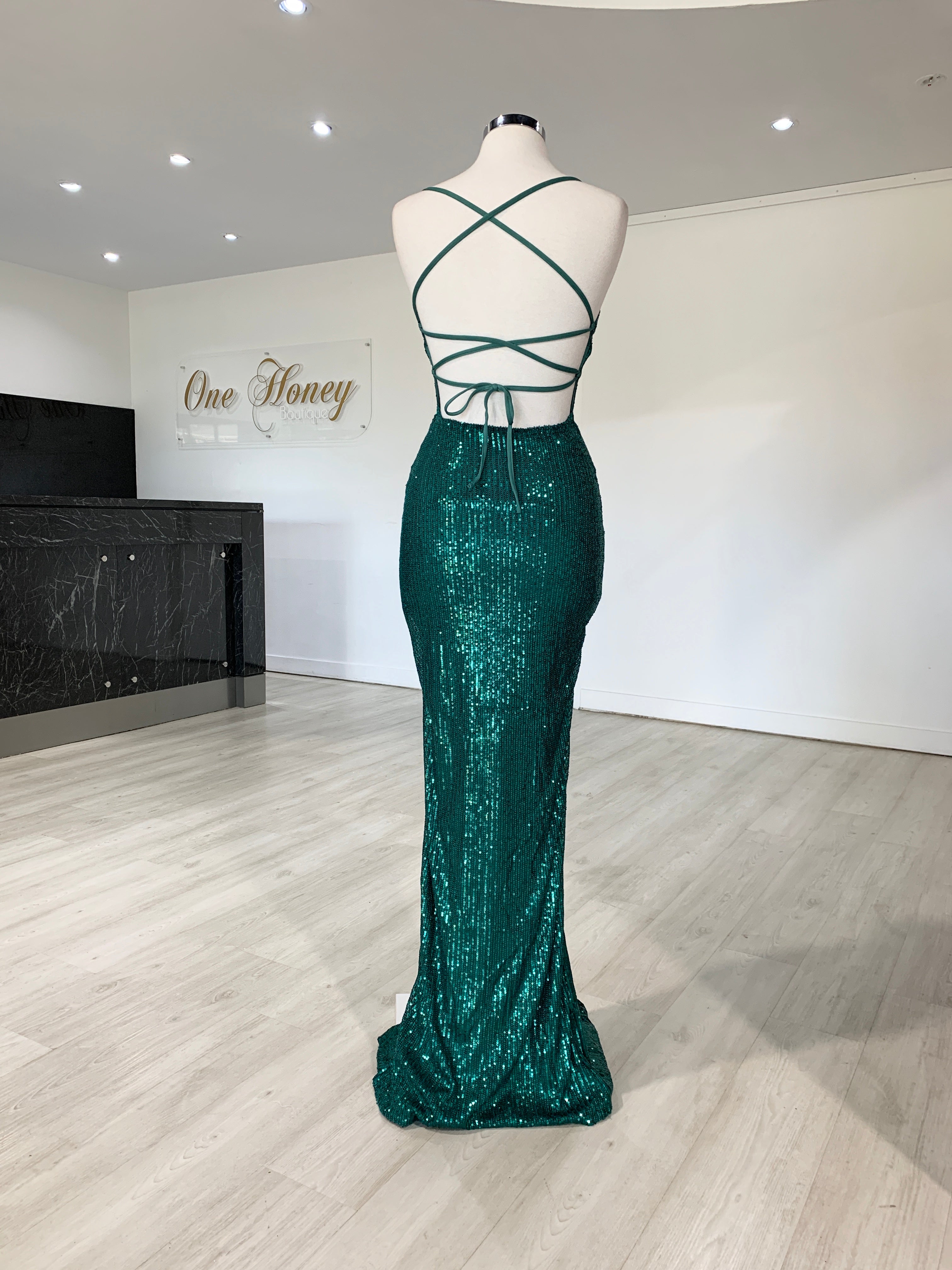 Honey Couture LUZ Emerald Green Lace Up Sequin Formal Gown Dress {vendor} AfterPay Humm ZipPay LayBuy Sezzle