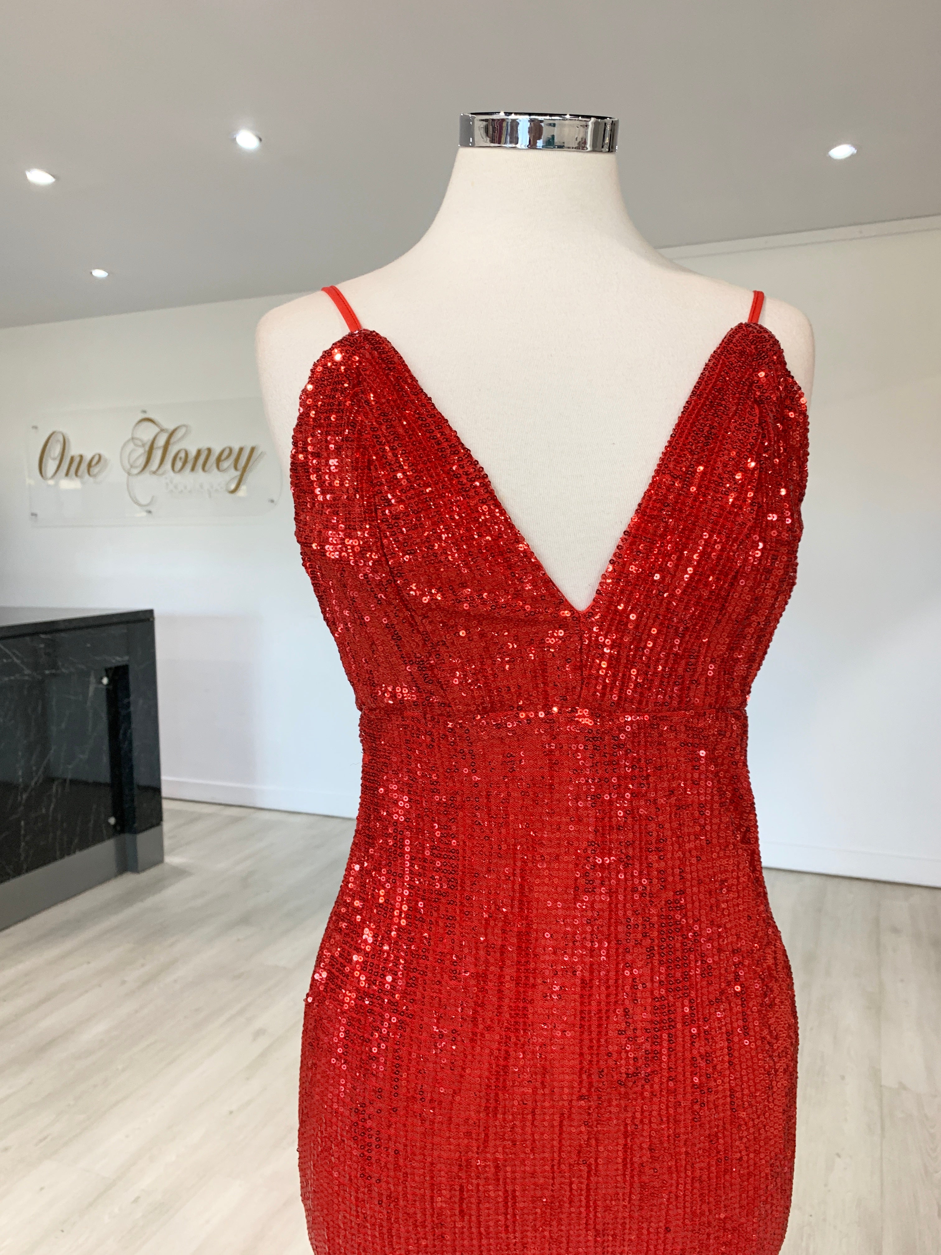 Honey Couture ROSALIE Red Low Back Sequin Formal Gown Dress {vendor} AfterPay Humm ZipPay LayBuy Sezzle