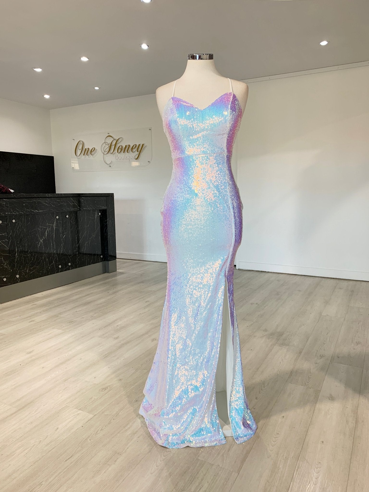 Honey Couture AMETHYST Iridescent Silver Mermaid Evening Gown Dress in Australia | One Honey Boutique
