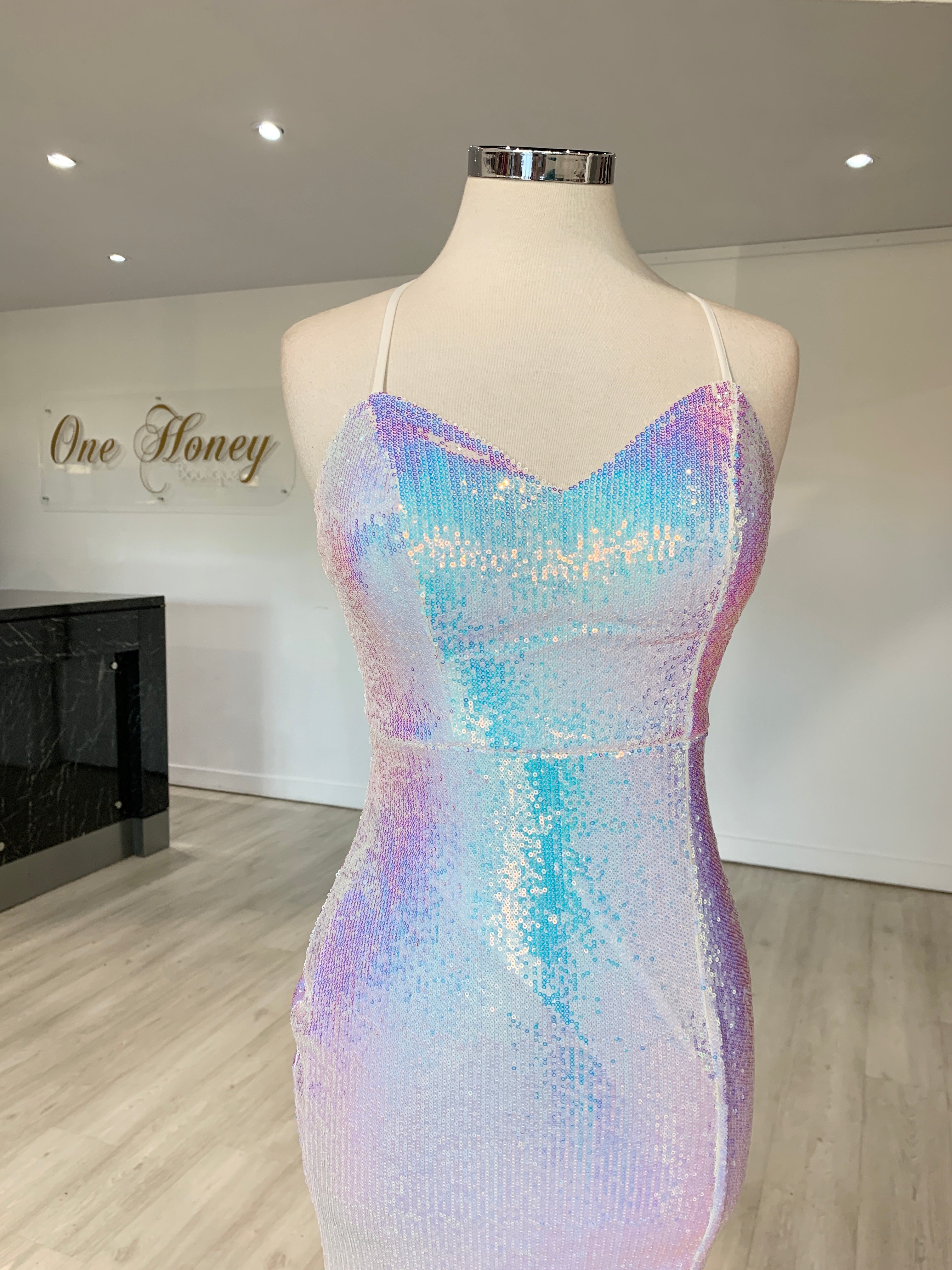 Honey Couture AMETHYST Iridescent Silver Mermaid Evening Gown Dress {vendor} AfterPay Humm ZipPay LayBuy Sezzle