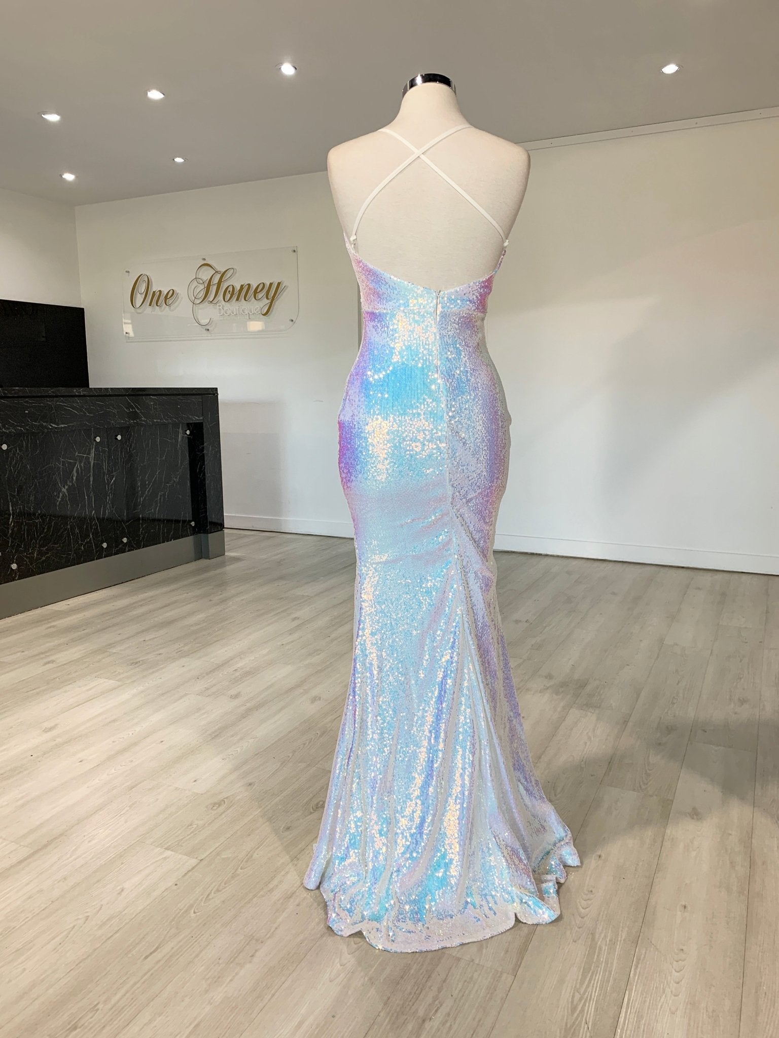 Honey Couture AMETHYST Iridescent Silver Mermaid Evening Gown Dress in Australia | One Honey Boutique