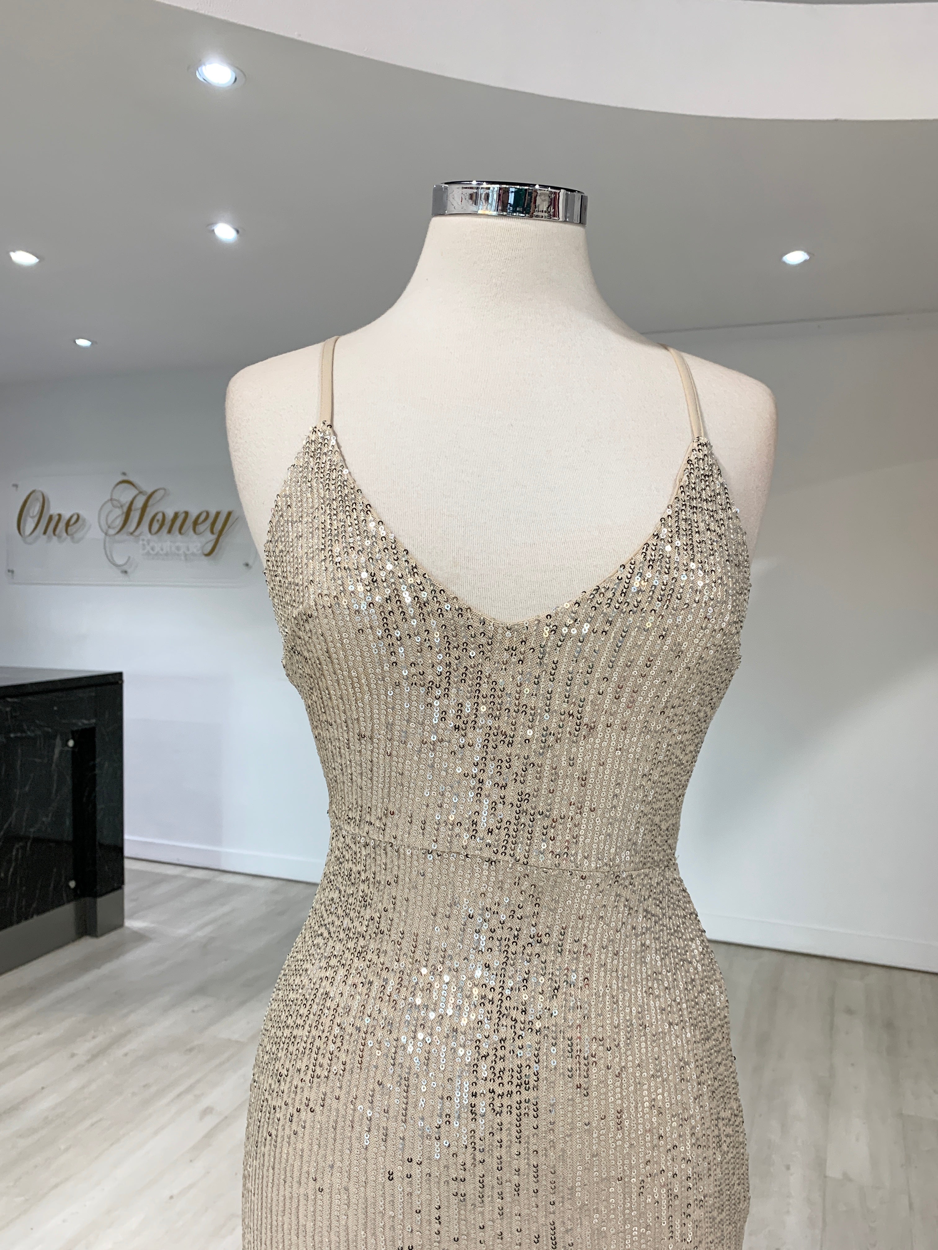 Honey Couture LUZ Silver Lace Up Sequin Formal Gown on mannequin, Australian designer prom dress, evening gown, affordable fashion