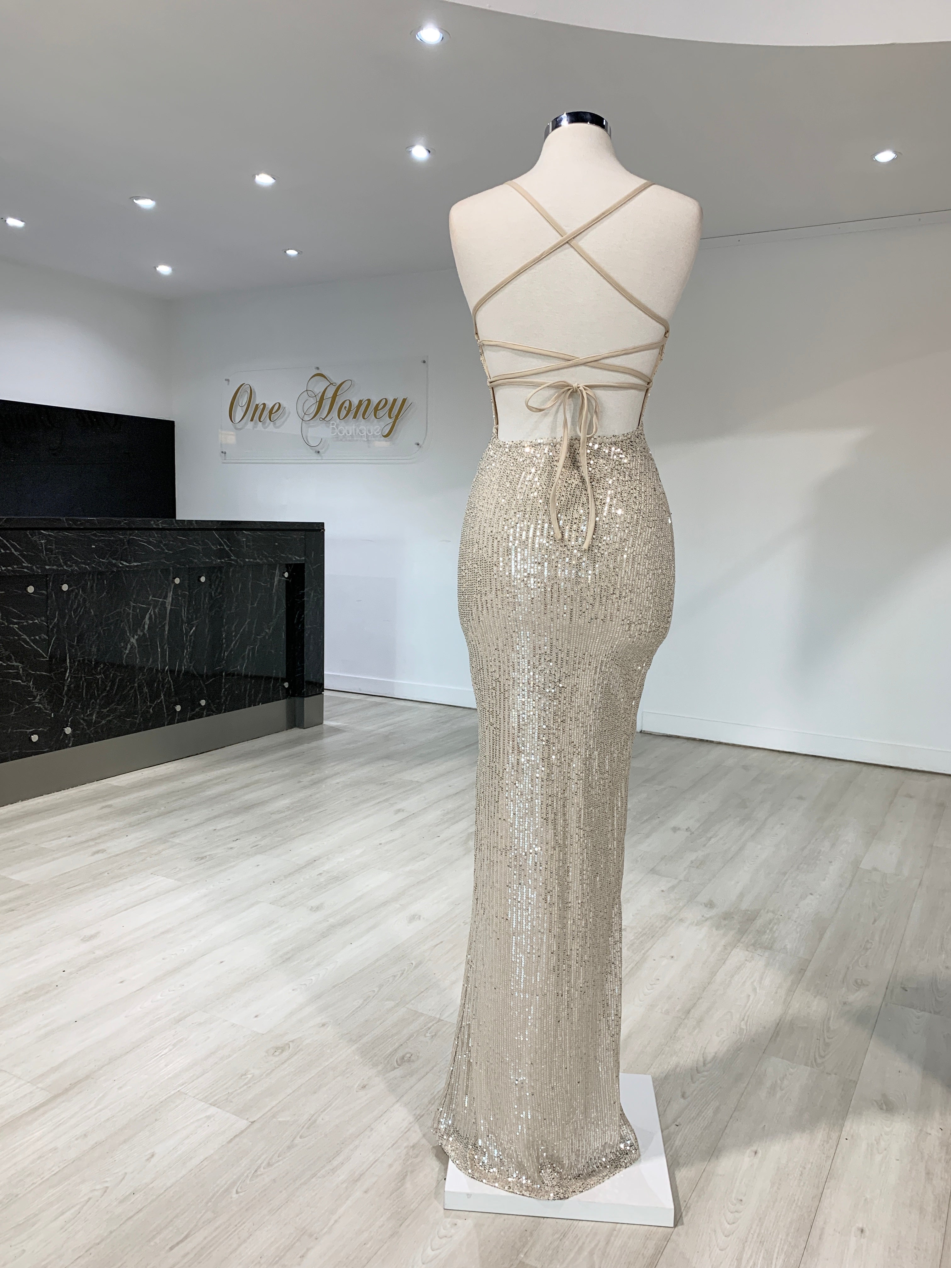 Honey Couture LUZ Silver Lace Up Sequin Formal Gown Dress, Australian Designer Evening Gown, Affordable Prom Dress with Leg Split.