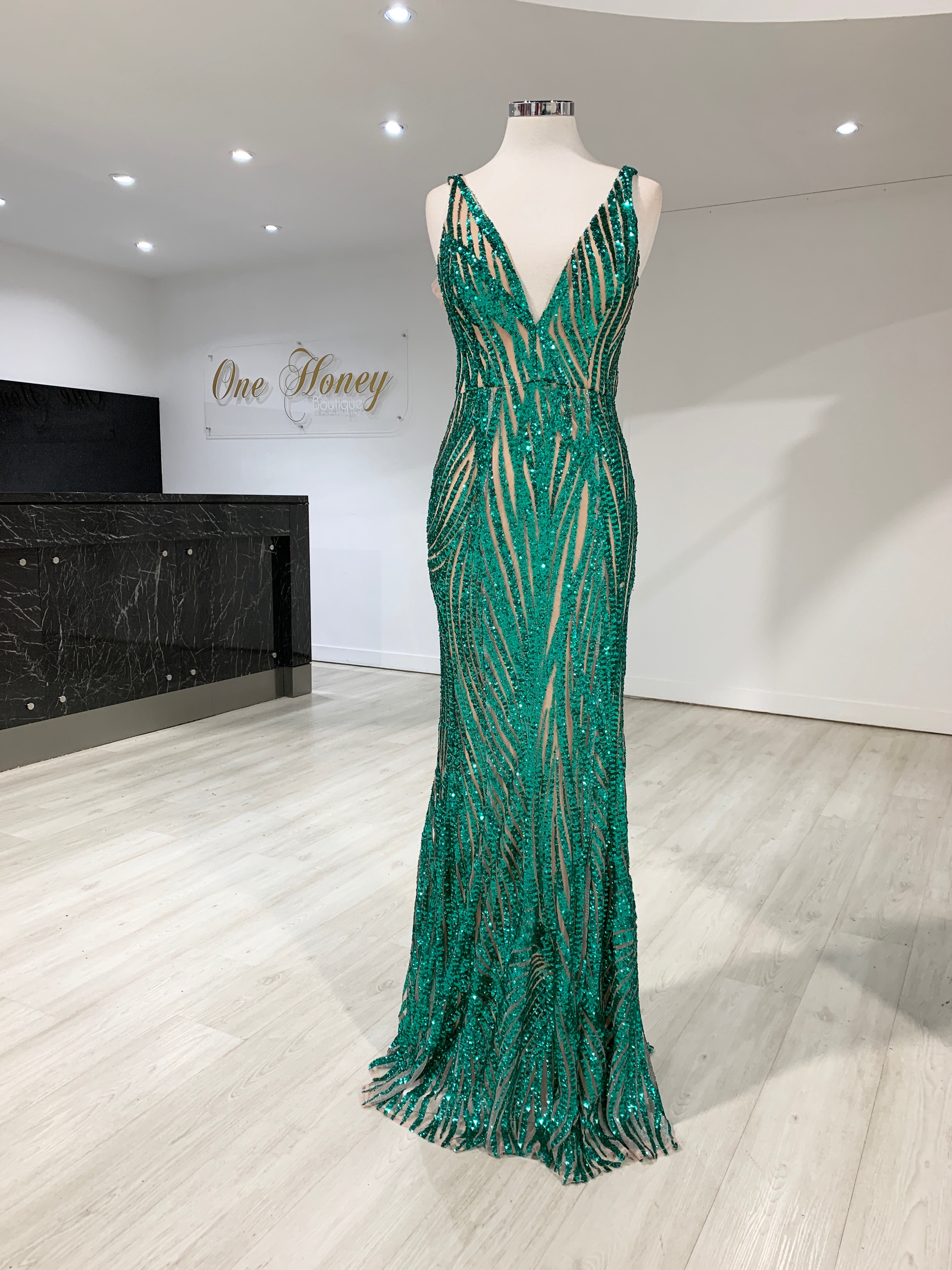 Honey Couture YASMIN Emerald Green Sequin Formal Gown {vendor} AfterPay Humm ZipPay LayBuy Sezzle