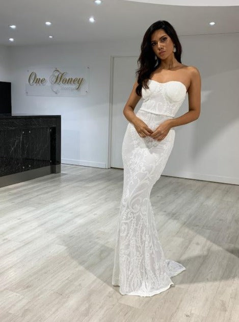 Honey Couture LA ROSA White Strapless Sequin Evening Gown Dress {vendor} AfterPay Humm ZipPay LayBuy Sezzle