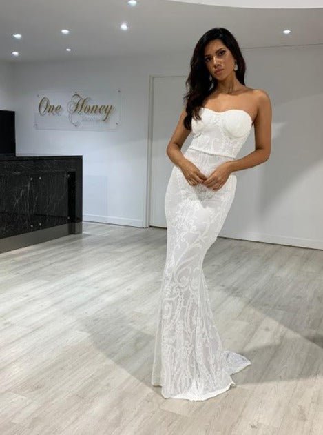 Honey Couture LA ROSA White Strapless Sequin Evening Gown Dress in Australia | One Honey Boutique