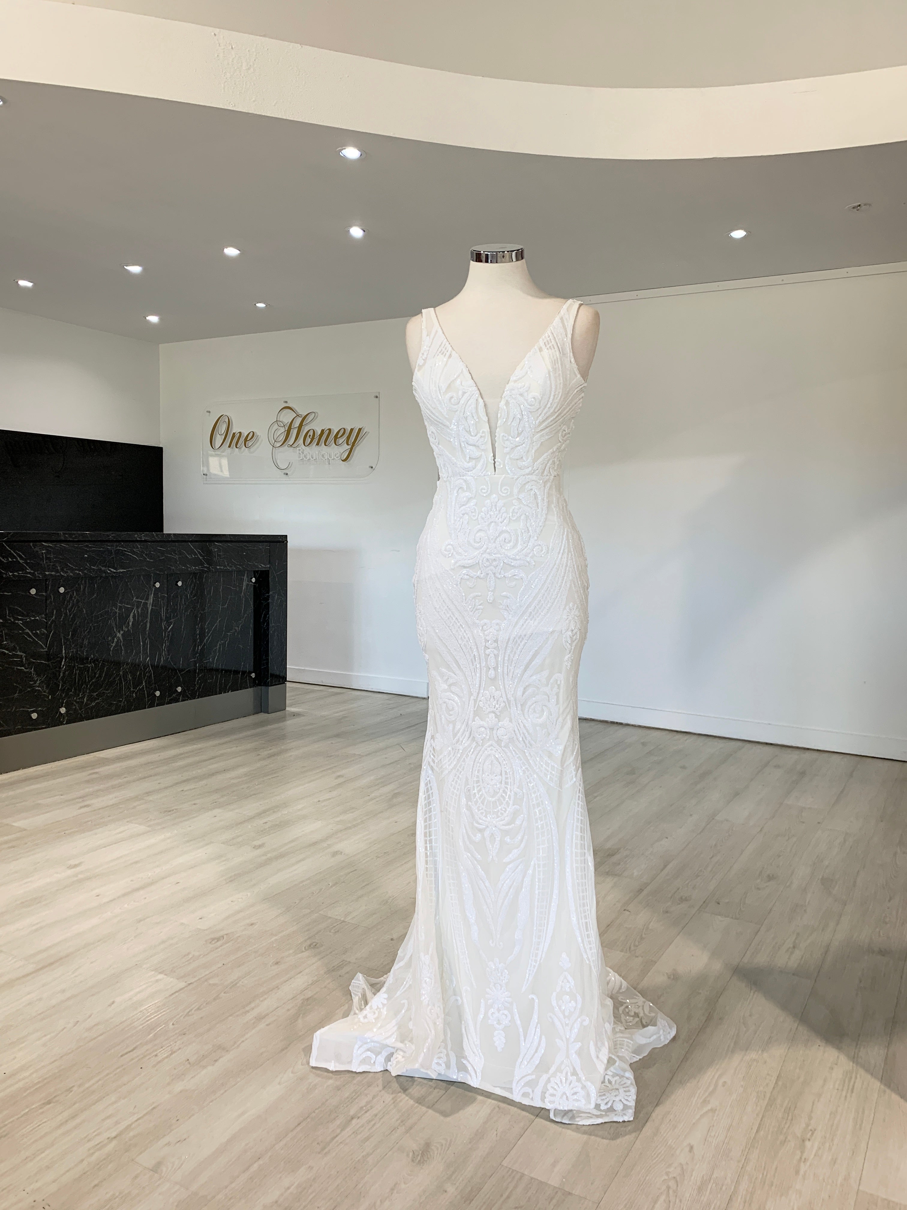 TINA HOLLY COUTURE BA109 Off White Sequin Lace Mermaid Bridal Dress with V Front, Brisbane to Gold Coast, Australia