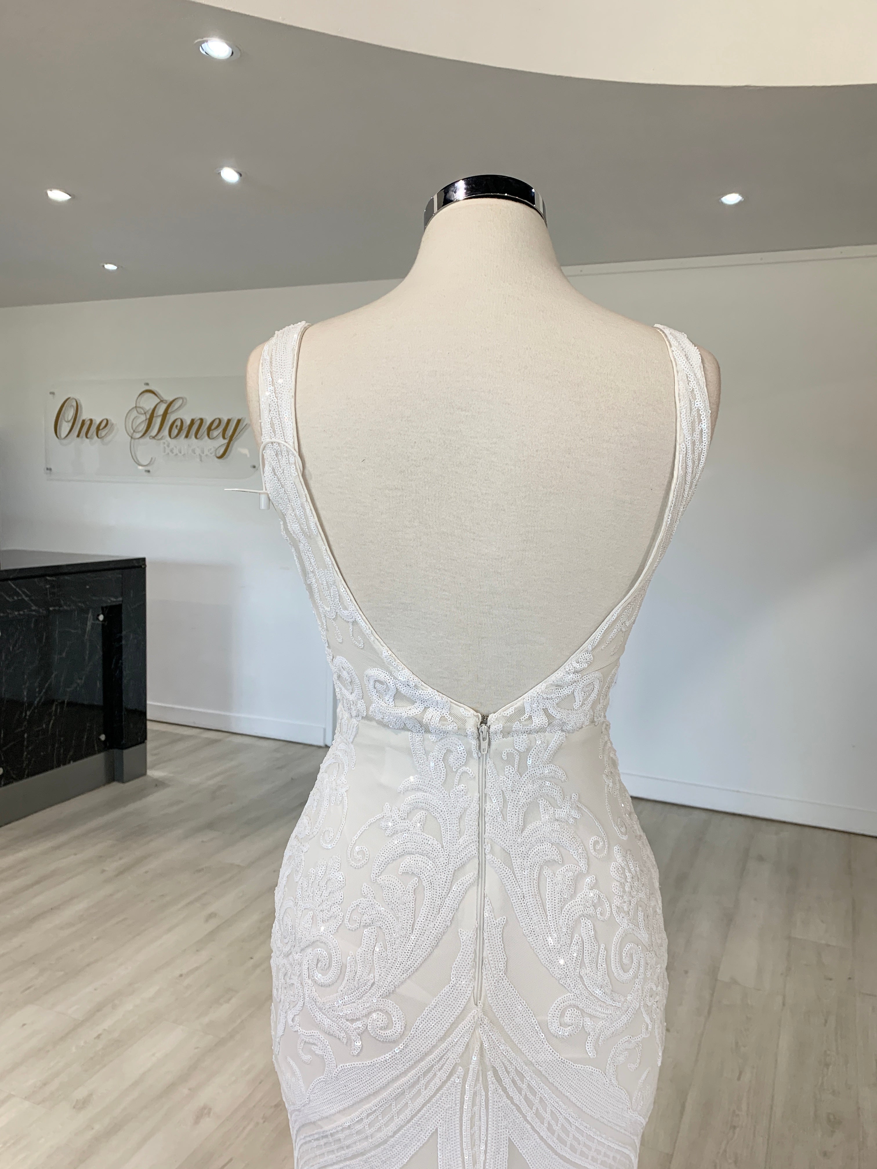 TINA HOLLY COUTURE BA109 Off White Sequin Lace Mermaid Bridal Dress with Low Back, Brisbane to Gold Coast, Australia