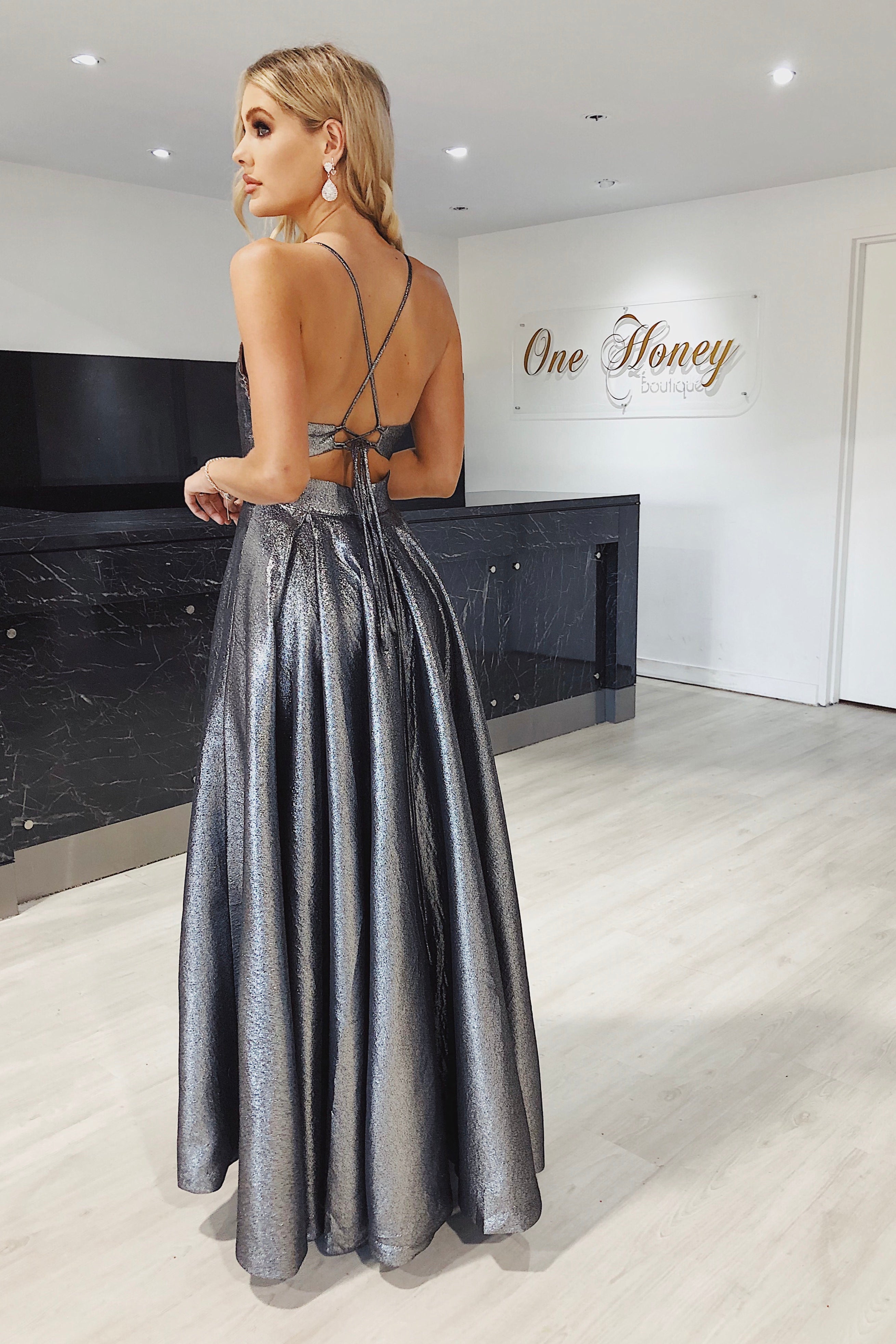 Honey Couture TAZMIN Gunmetal Metallic Silver Formal Gown Private Label$ AfterPay Humm ZipPay LayBuy Sezzle
