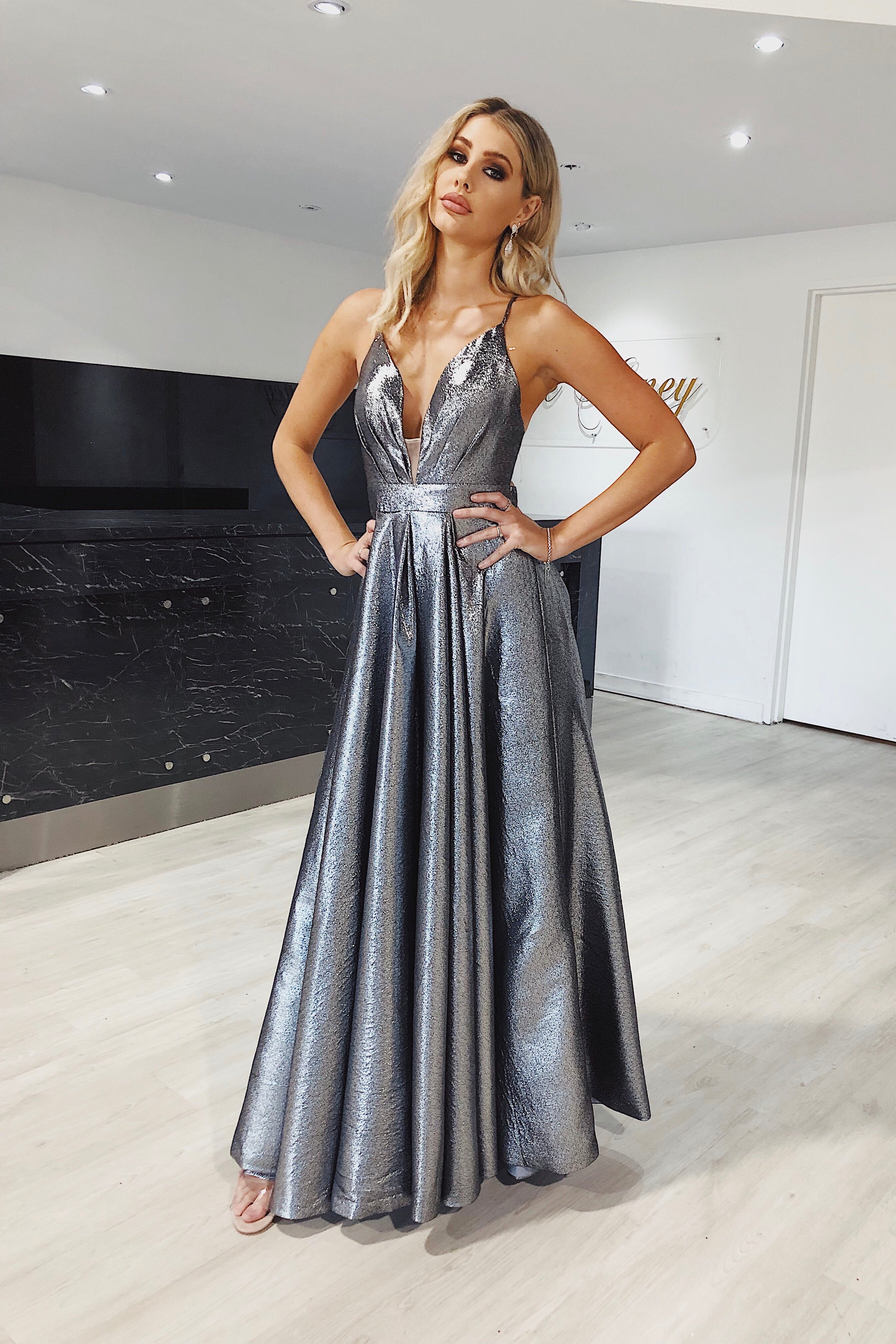 Honey Couture TAZMIN Gunmetal Metallic Silver Formal Gown Private Label$ AfterPay Humm ZipPay LayBuy Sezzle