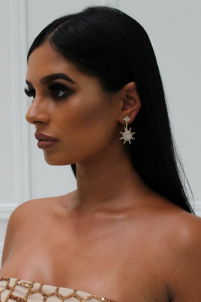 Honey Couture Gold Starburst Diamante Drop Earrings Honey Couture Jewellery$ AfterPay Humm ZipPay LayBuy Sezzle