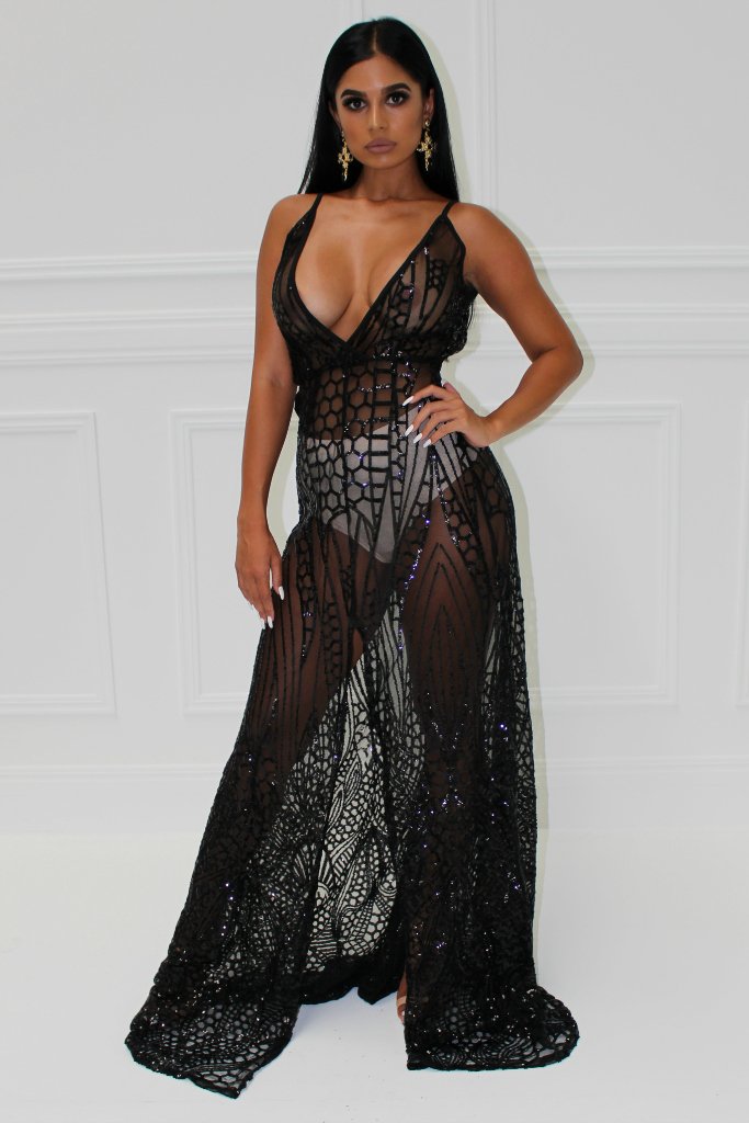 Honey Couture SIENA Black Sheer Sequin w Split Evening Gown Dress Honey Couture$ AfterPay Humm ZipPay LayBuy Sezzle