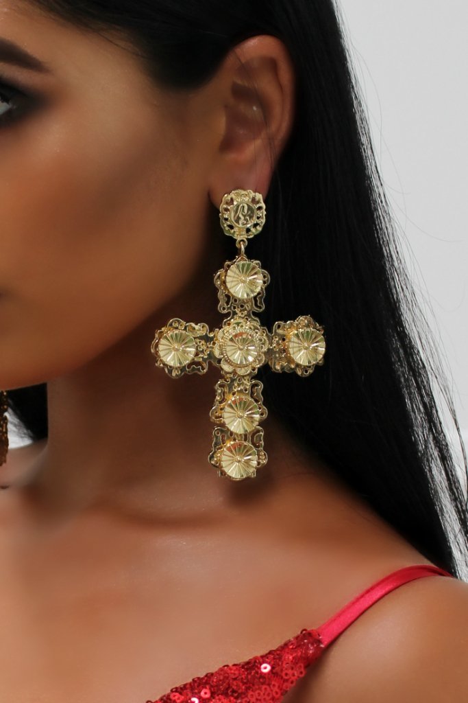 Honey Couture Gold Oversized Cross Statement Earrings Honey Couture Jewellery$ AfterPay Humm ZipPay LayBuy Sezzle