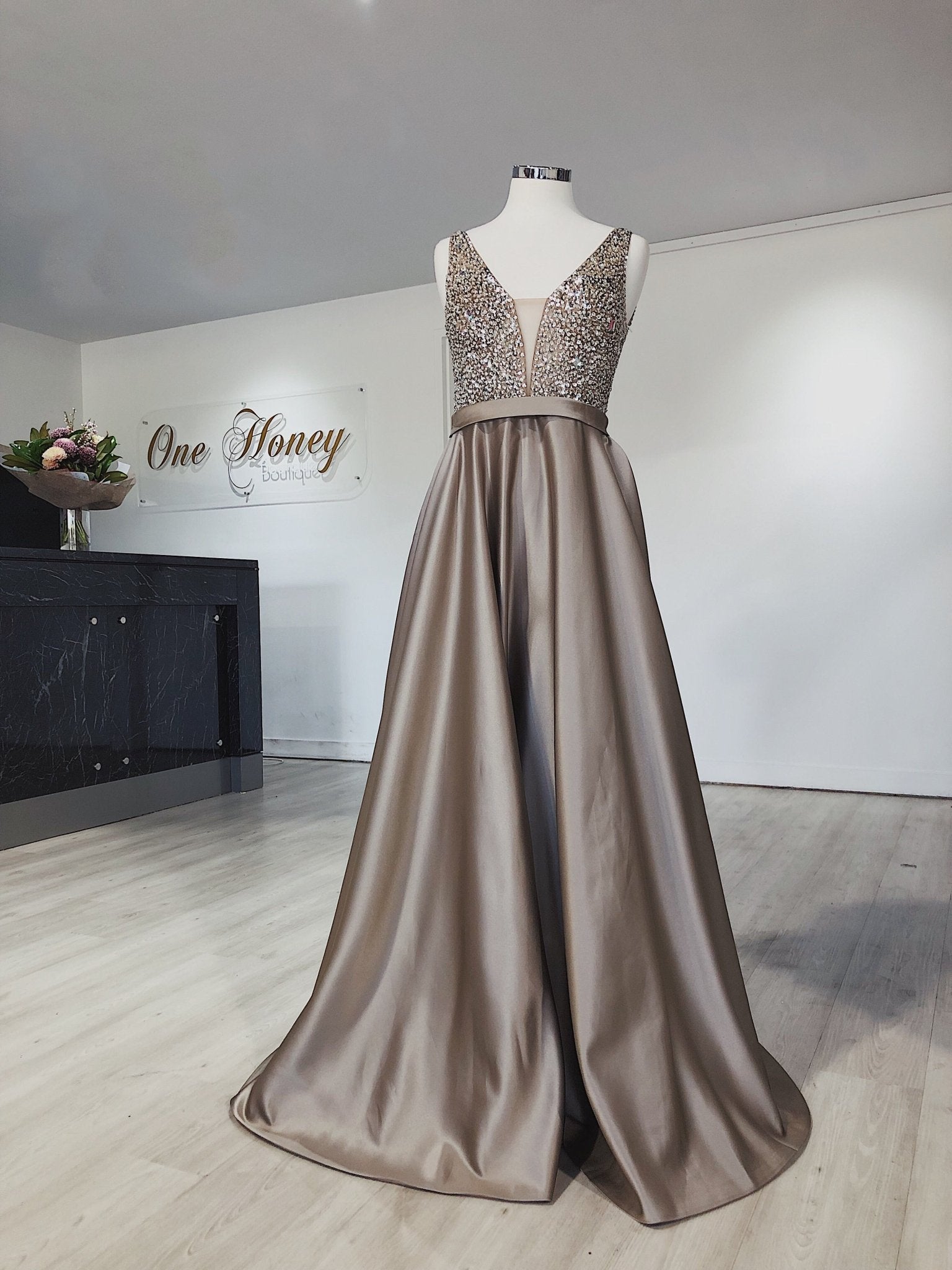 Honey Couture BROYN Silver Diamante Front Princess Ball Formal Gown Dress in Australia | One Honey Boutique