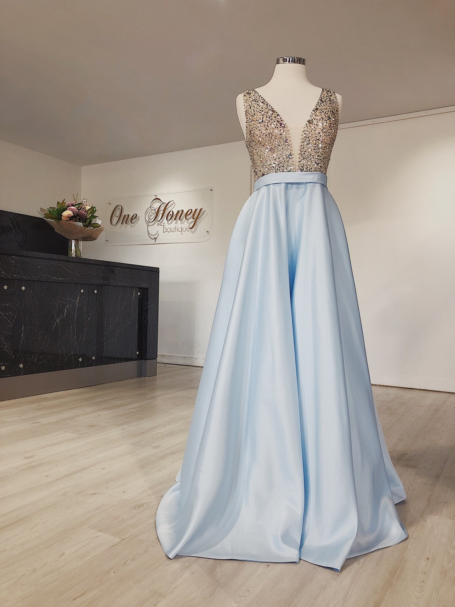 Honey Couture BROYN Silver Diamante Front Princess Ball Formal Gown Dress in Australia | One Honey Boutique