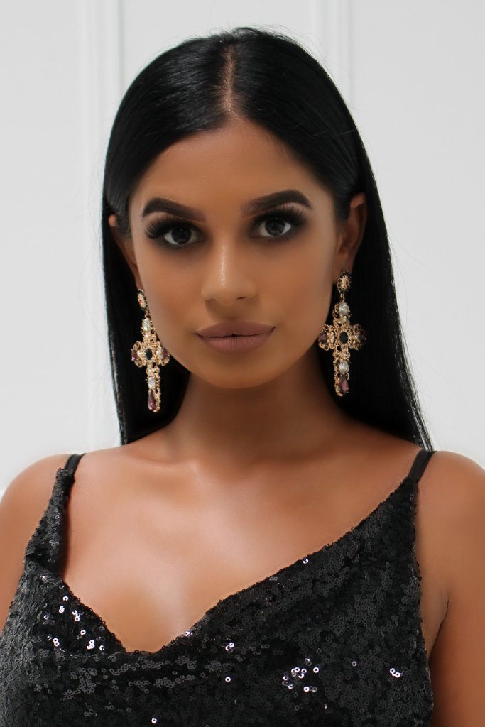 Honey Couture Purple & Gold Oversized Cross Statement Earrings Honey Couture Jewellery$ AfterPay Humm ZipPay LayBuy Sezzle