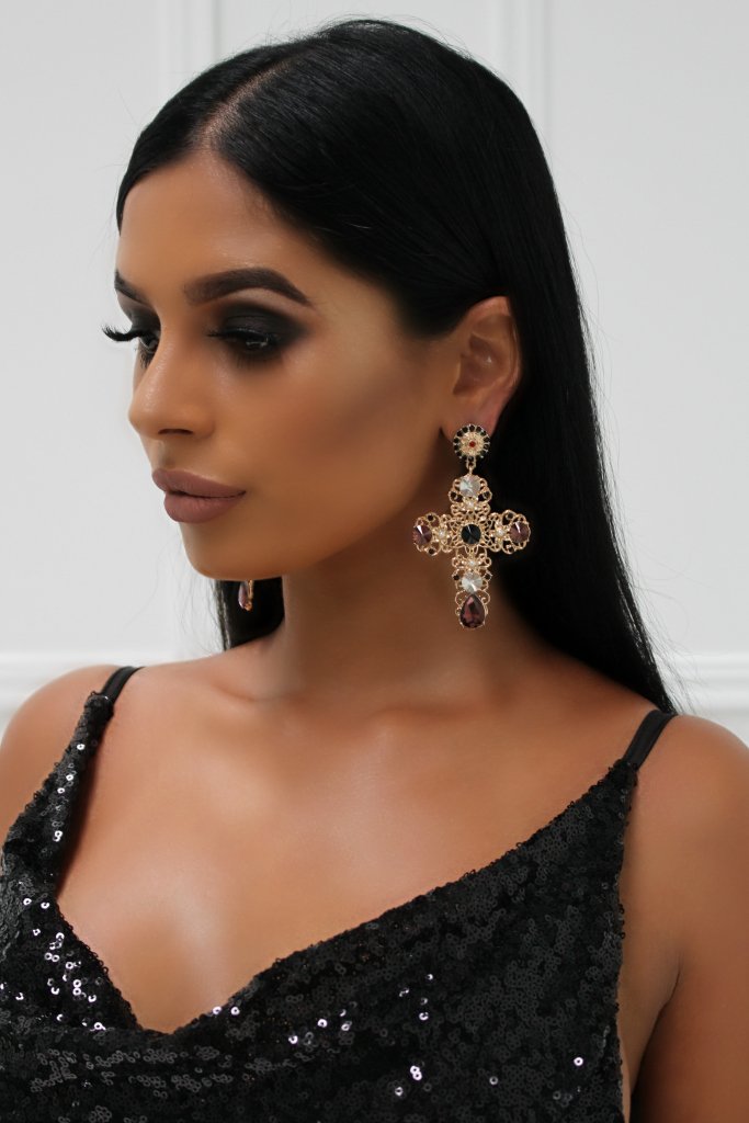 Honey Couture Purple & Gold Oversized Cross Statement Earrings Honey Couture Jewellery$ AfterPay Humm ZipPay LayBuy Sezzle