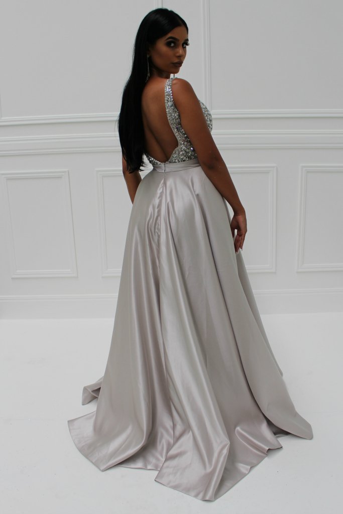 Honey Couture BROYN Silver Diamante Princess Ball Gown with low back and embellishments, Australian Designer Prom Dress by Honey Couture.