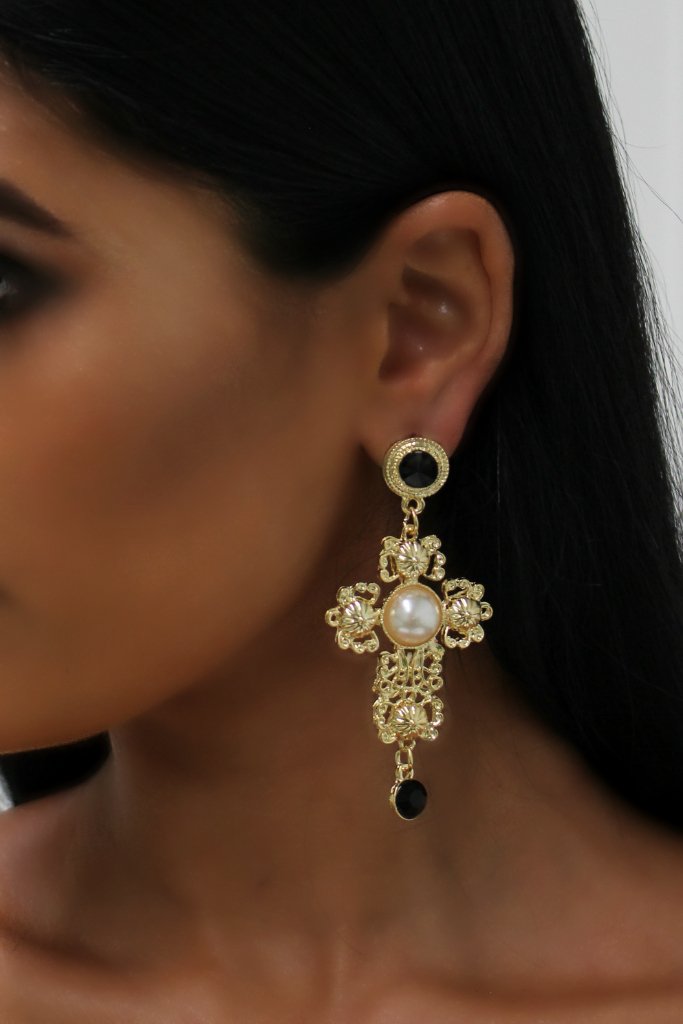 Honey Couture Gold Oversized Cross & Diamante Pearl Earrings Honey Couture Jewellery$ AfterPay Humm ZipPay LayBuy Sezzle