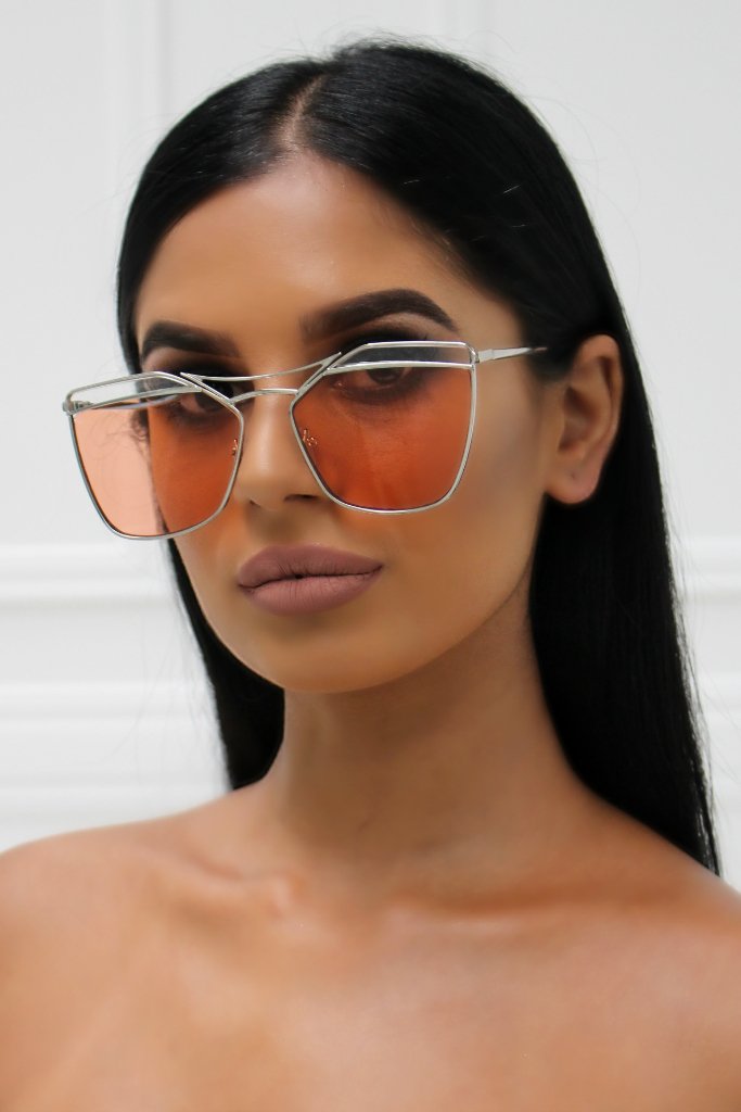 Honey Couture SHERIE Silver Frame & Orange Lense Sunglasses Honey Couture Sunglasses$ AfterPay Humm ZipPay LayBuy Sezzle