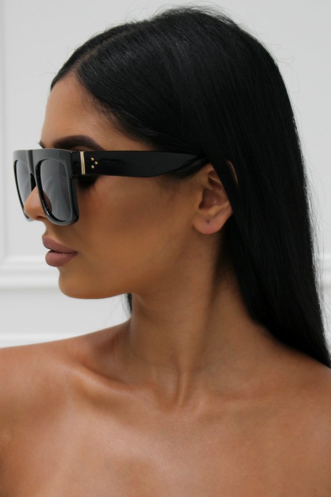 Model wearing Honey Couture SELENA 2.0 flat top sunglasses, stylish designer eyewear, Australian formal store, prom fashion accessory.