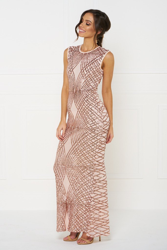 Honey Couture DELILAH Rose Gold Sequin Evening Gown Dress Honey Couture$ AfterPay Humm ZipPay LayBuy Sezzle