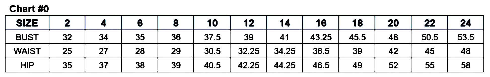 Women's clothing size chart with measurements for sizes 2 to 24, including bust, waist, and hip dimensions.