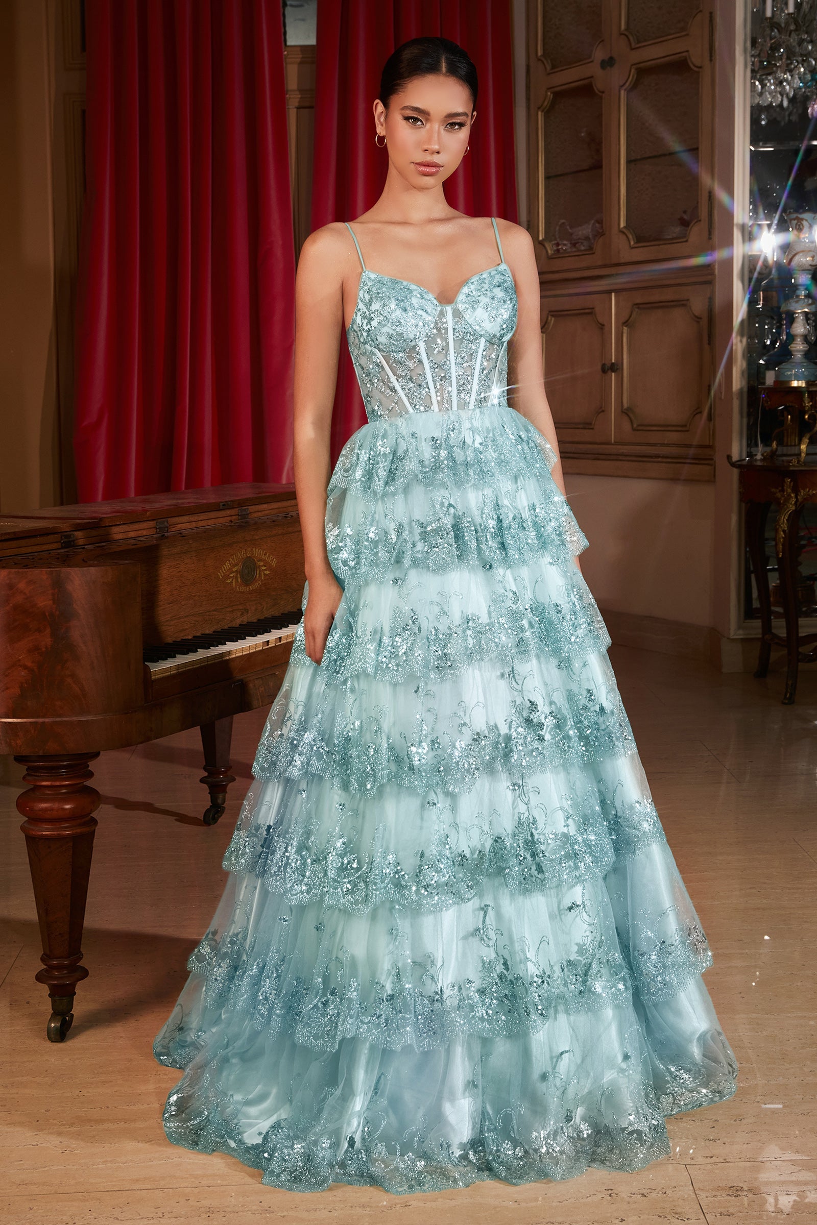 COUNTESS Layered Tulle Glitter A Line Ball Gown with scalloped sequin ruffles, perfect for prom and formal events. Brisbane to Gold Coast.