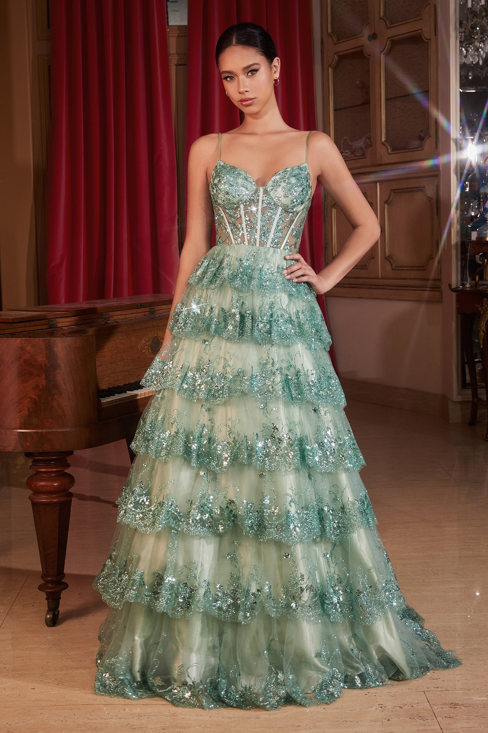 COUNTESS Prom Gown with Glittery Tiered Skirt and Sheer Lace Bodice, Perfect for Formal Events from Brisbane to Gold Coast, Australia.