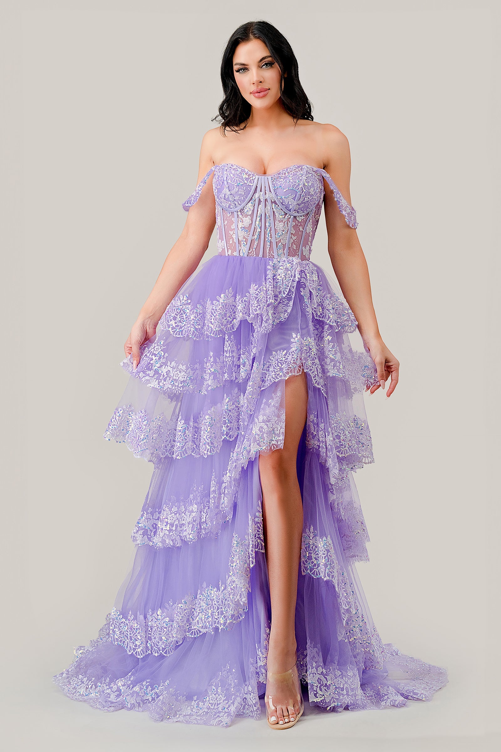 YALA scalloped lace off-shoulder glitter corset prom dress featuring iridescent lace and A-line design, Brisbane to Gold Coast, Australia.