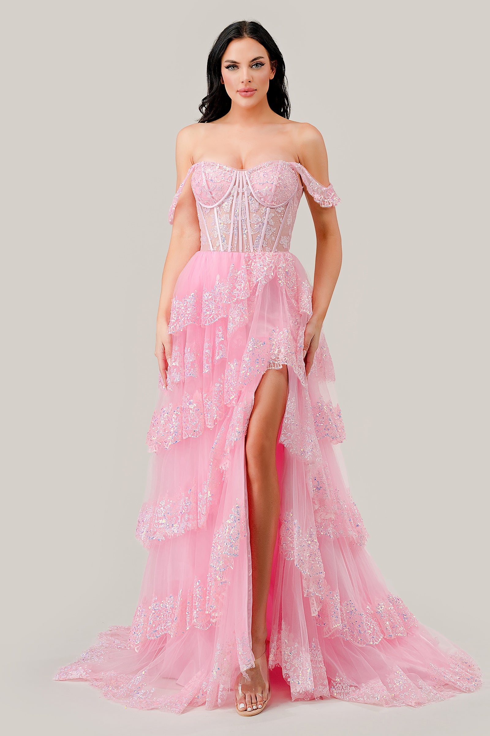 YALA Scalloped Lace Off Shoulder Glitter Corset Prom Dress with lace applique, captivating slit. Brisbane to Gold Coast.