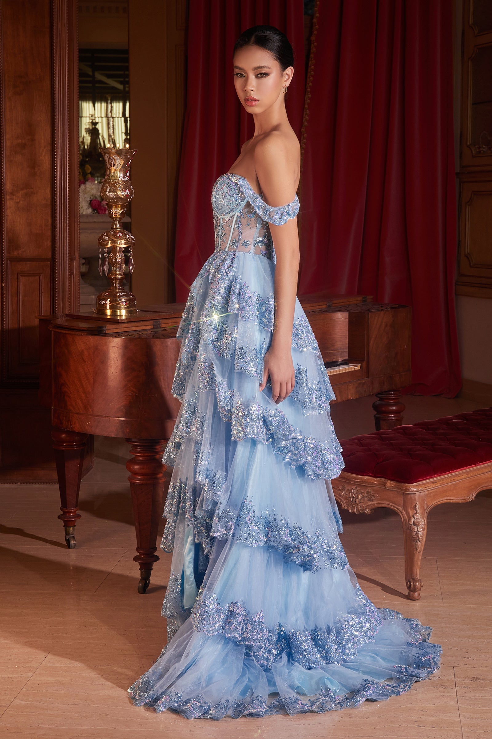 YALA blue glitter off-shoulder corset prom dress with lace details, Brisbane to Gold Coast, Australia.